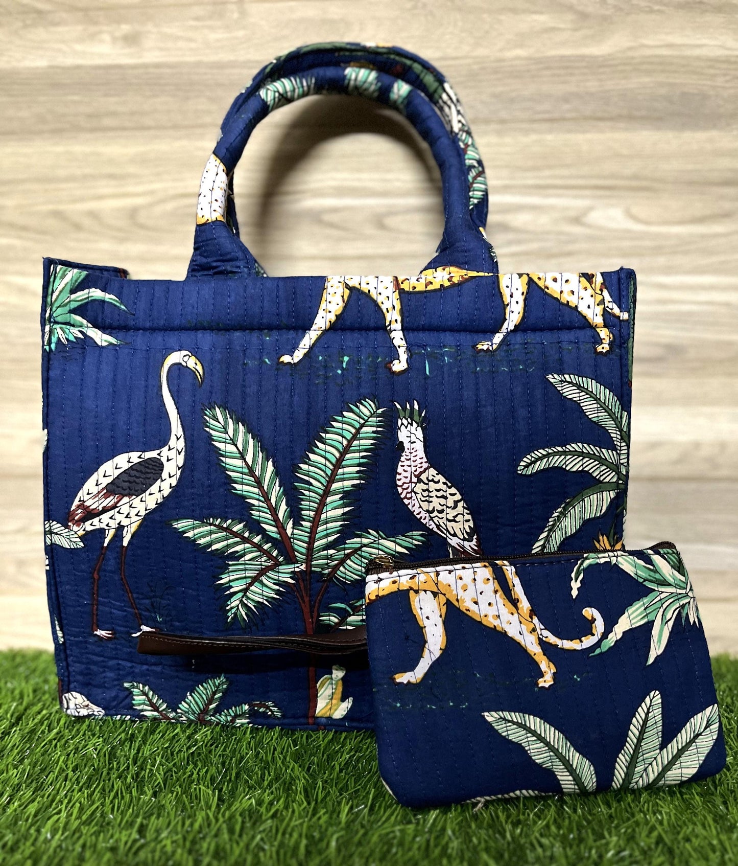 Hand-Crafted Quilted Laptop Tote Bag with Printed Design & Clutch