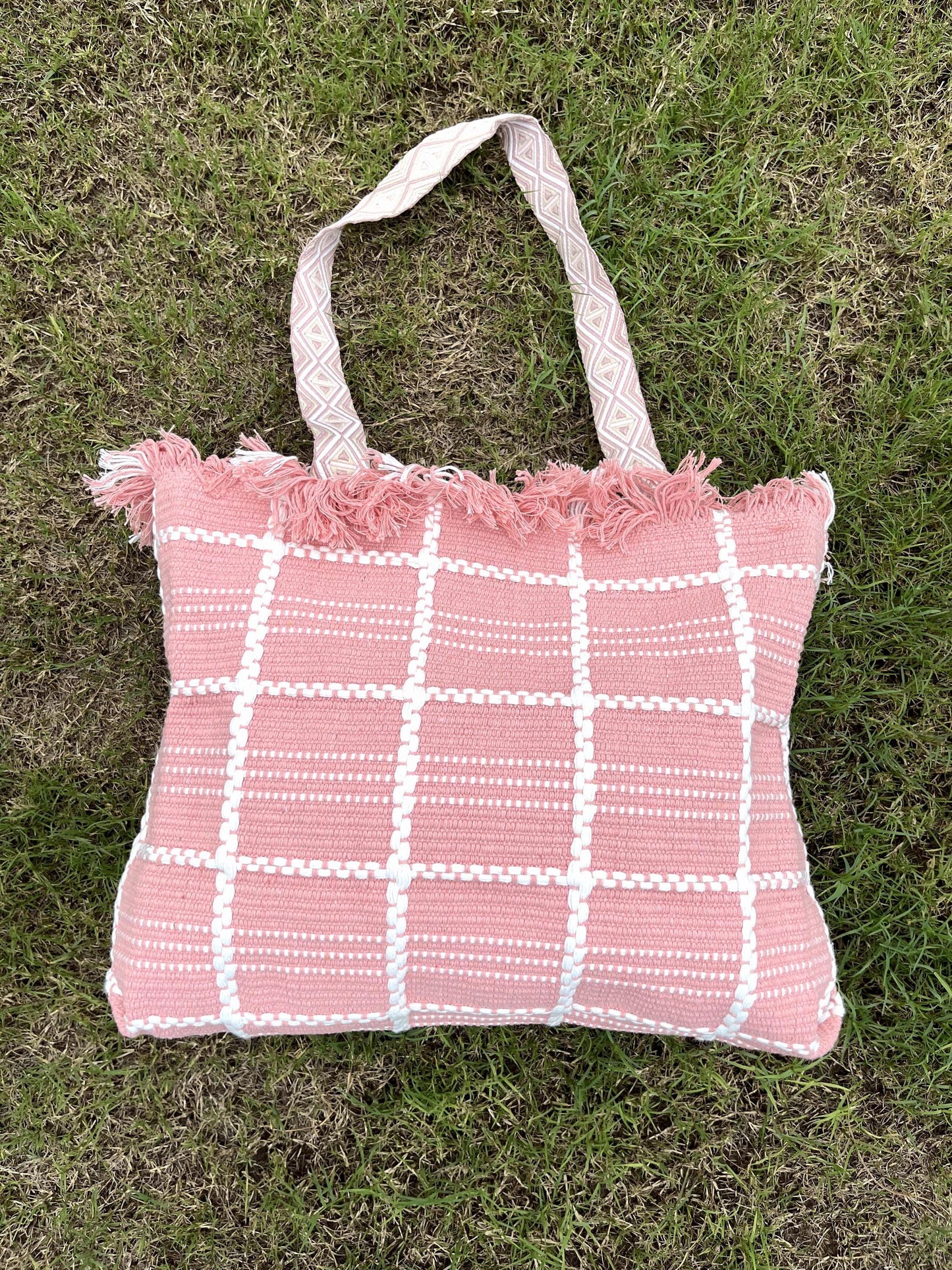 Fringe-Edge Canvas Thread Work Tote Bag with Single Partition| Pink | Beige | Broadbelt