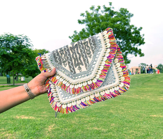 Boho Jute Clutch: Banjara Coin Bag with Fringes