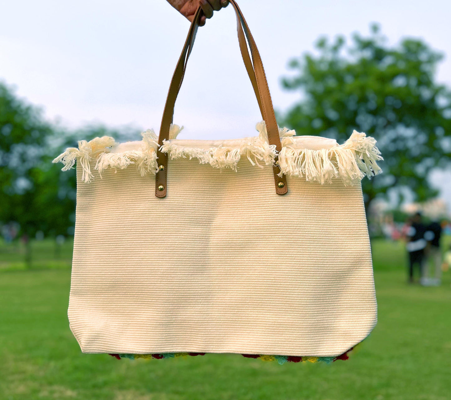 Handmade Rainbow Tote Bag: Fringed Canvas Beach Bag