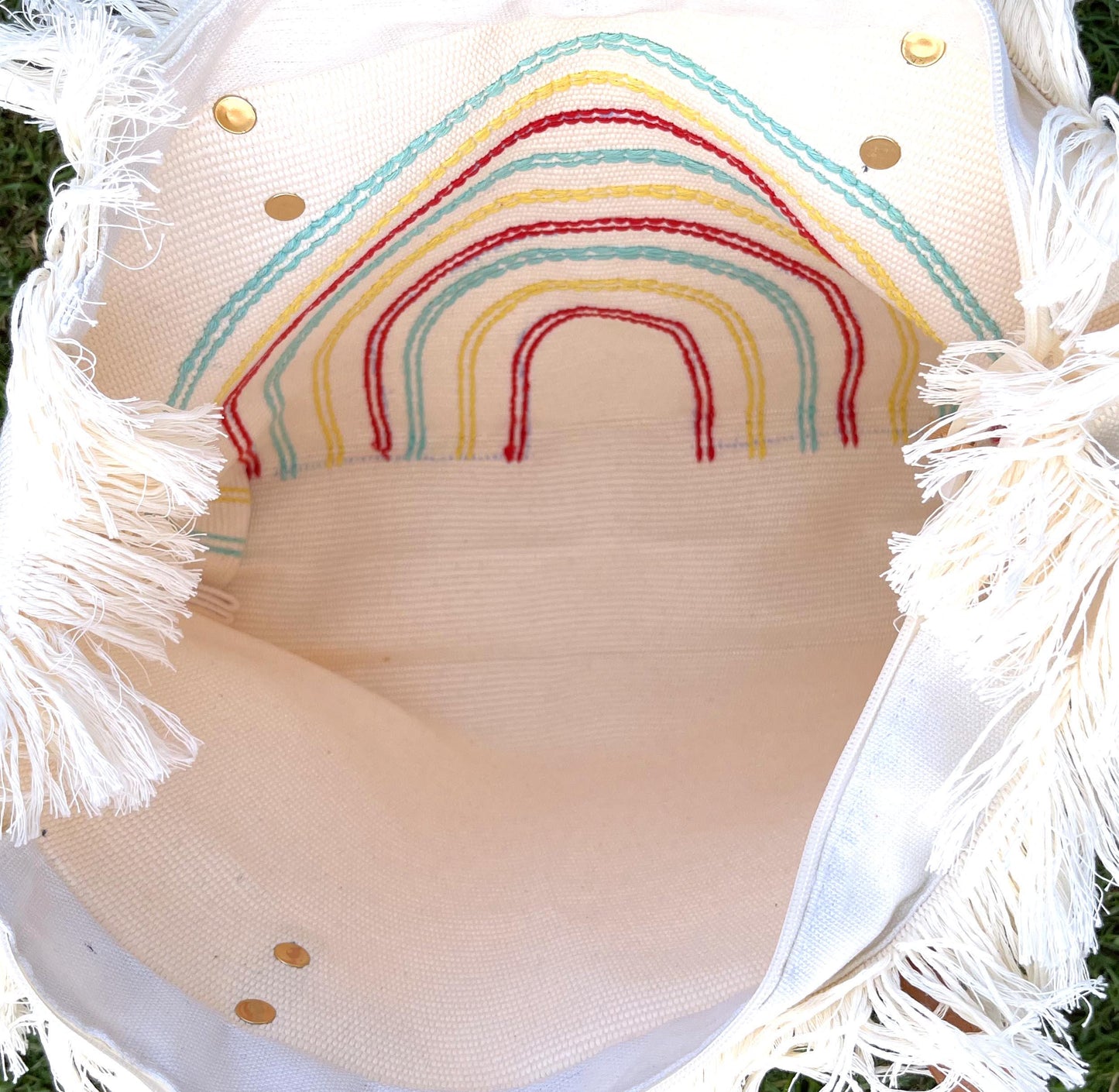Handmade Rainbow Tote Bag: Fringed Canvas Beach Bag