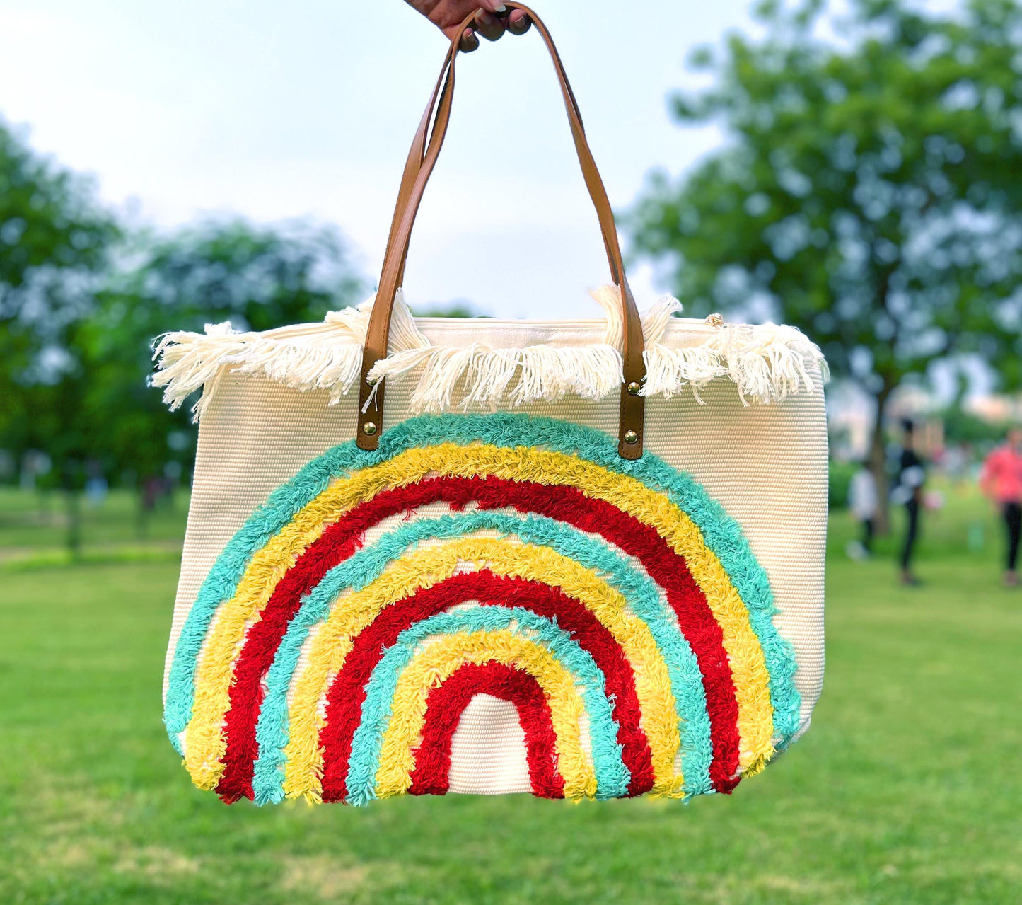 Handmade Rainbow Tote Bag: Fringed Canvas Beach Bag