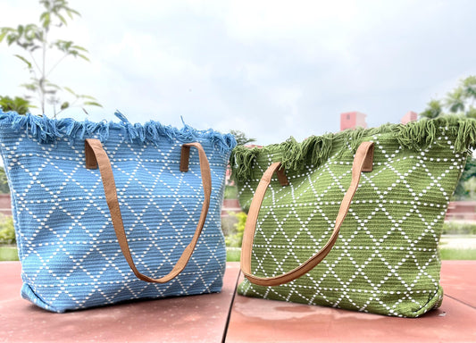 Fringe-Edge Canvas Tote Bag: Hand-Crafted Thread-Work Design