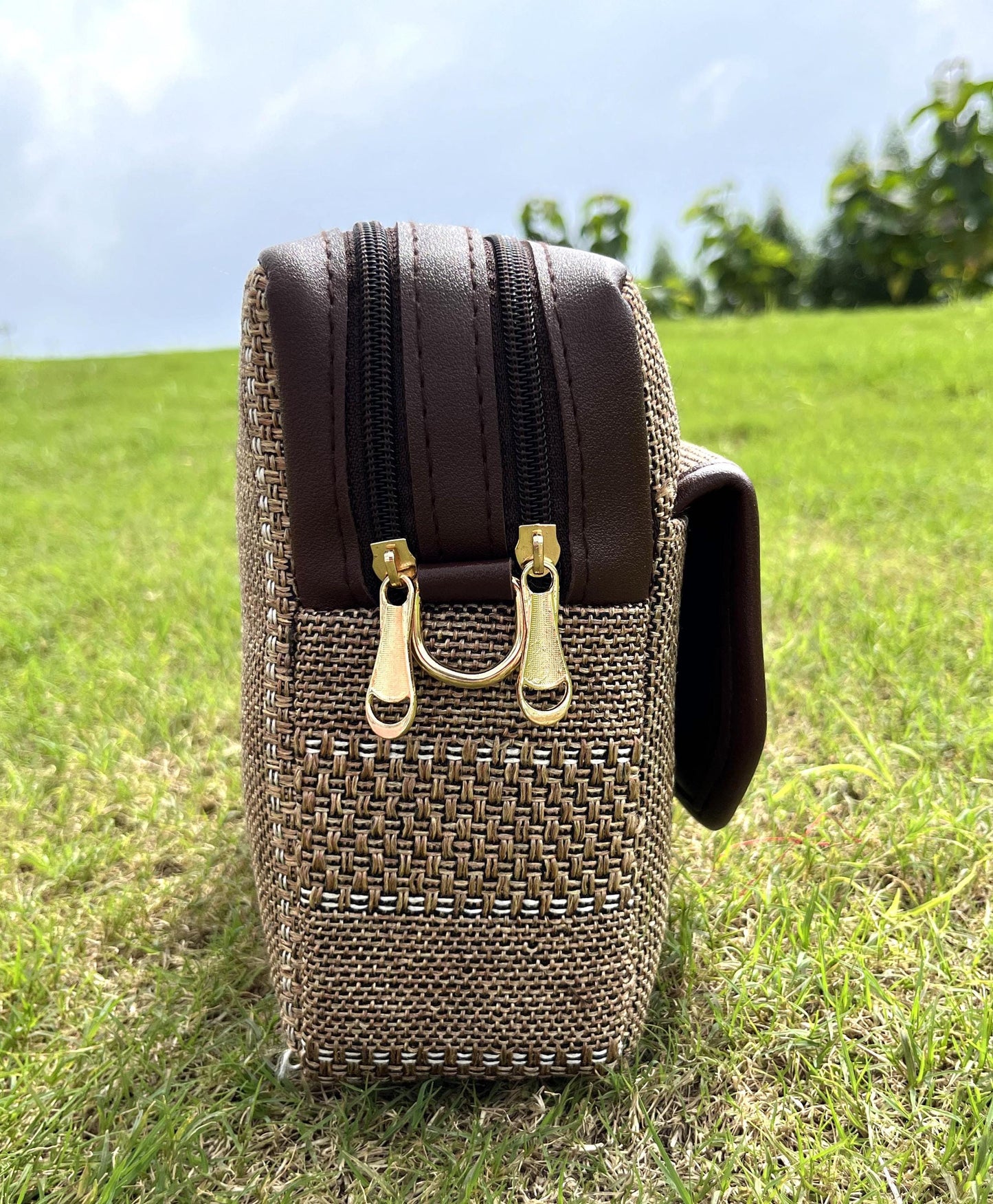 Handmade Broadbelt Jute Adjustable Sling Bag with Multiple Partition | Off White | Brown