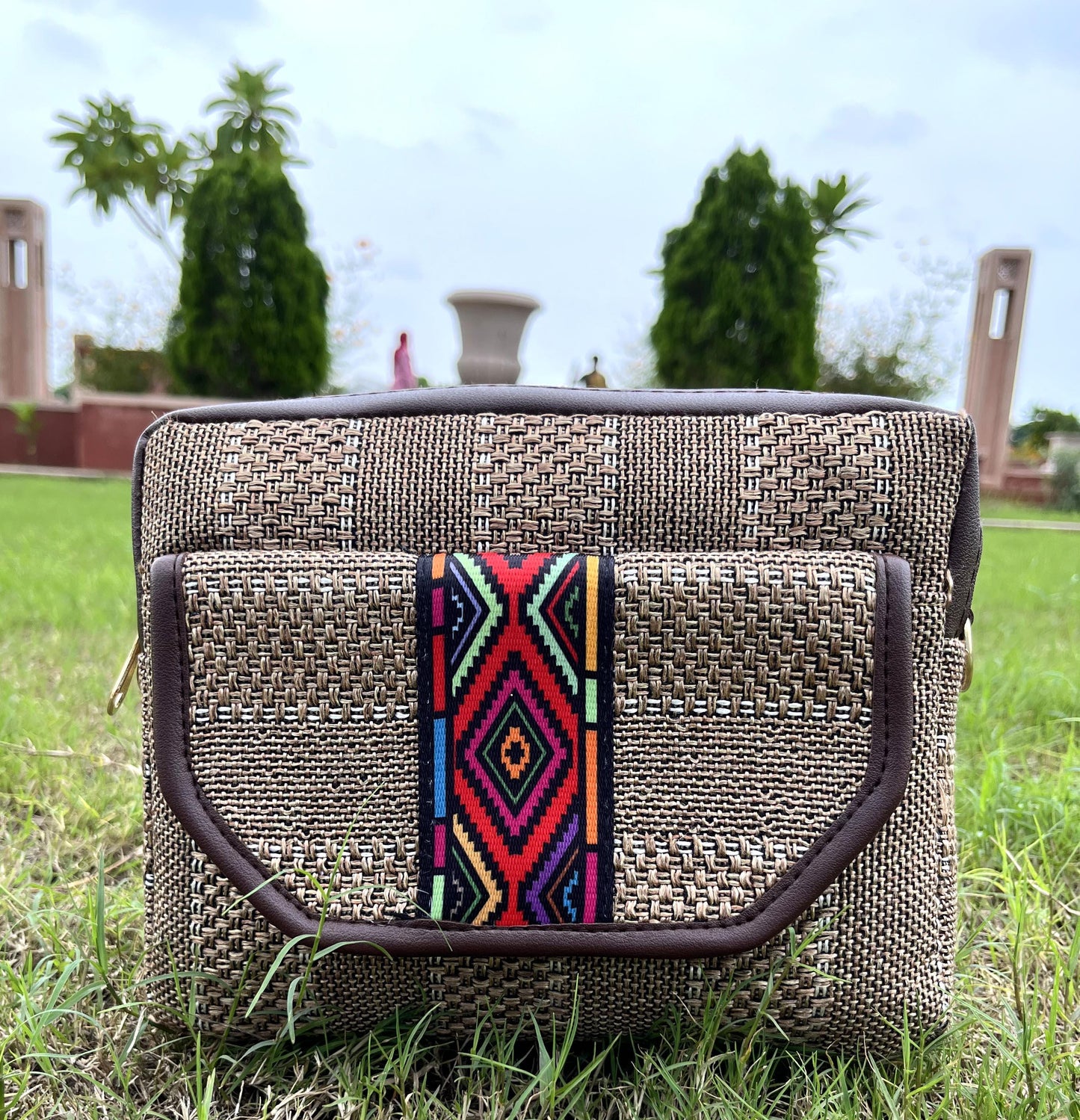 Handmade Broadbelt Jute Adjustable Sling Bag with Multiple Partition | Off White | Brown