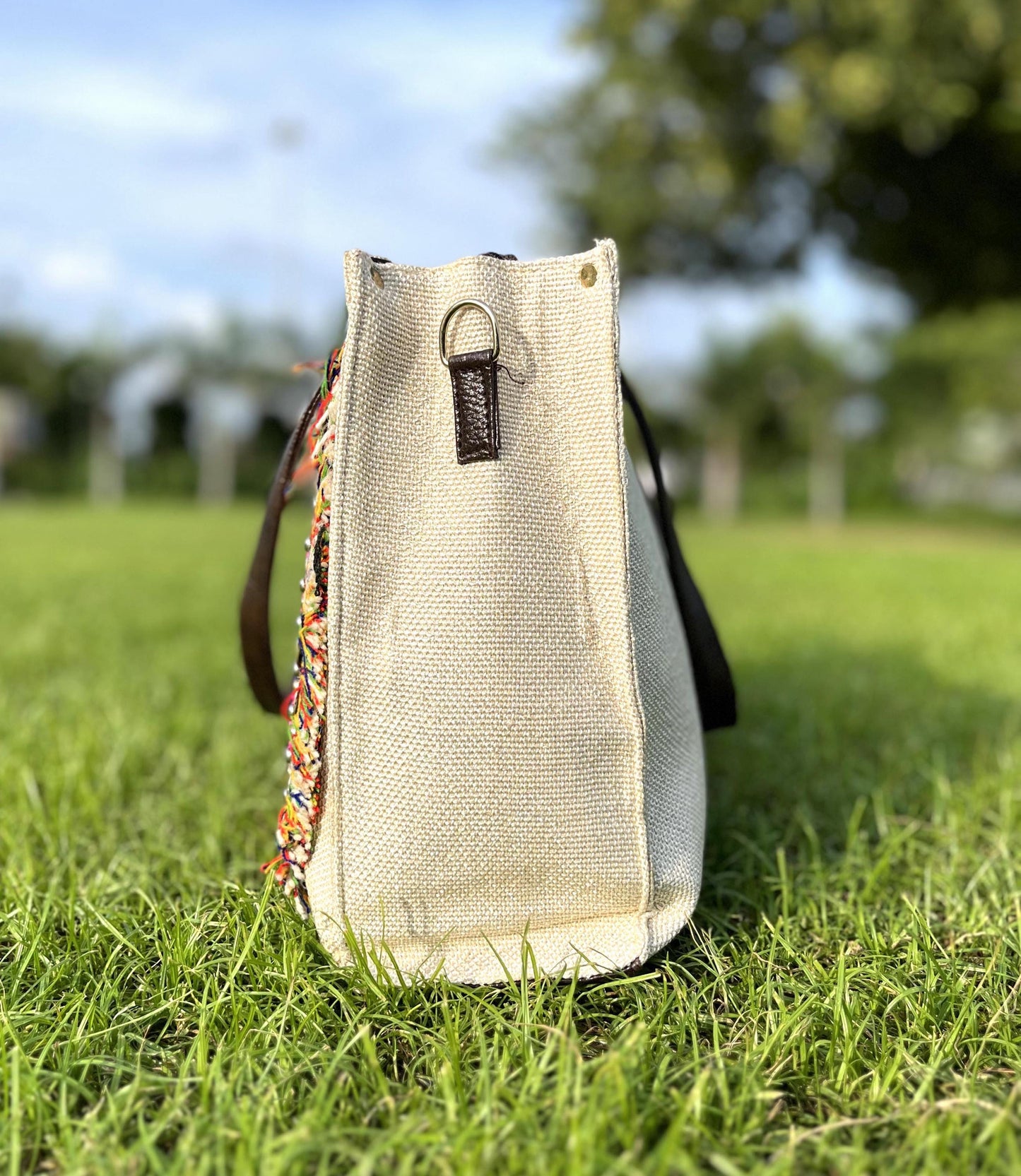 Hand-Crafted Jute Boho Tote Bag: Laptop Compartment, Adjustable Sling