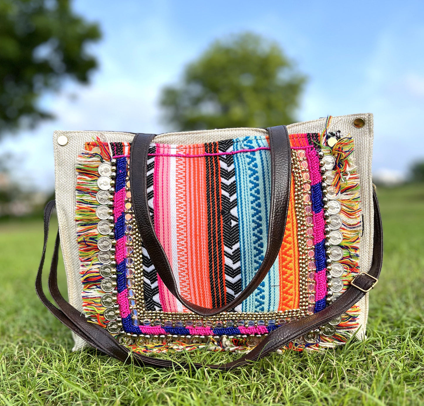 Hand-Crafted Jute Boho Tote Bag: Laptop Compartment, Adjustable Sling