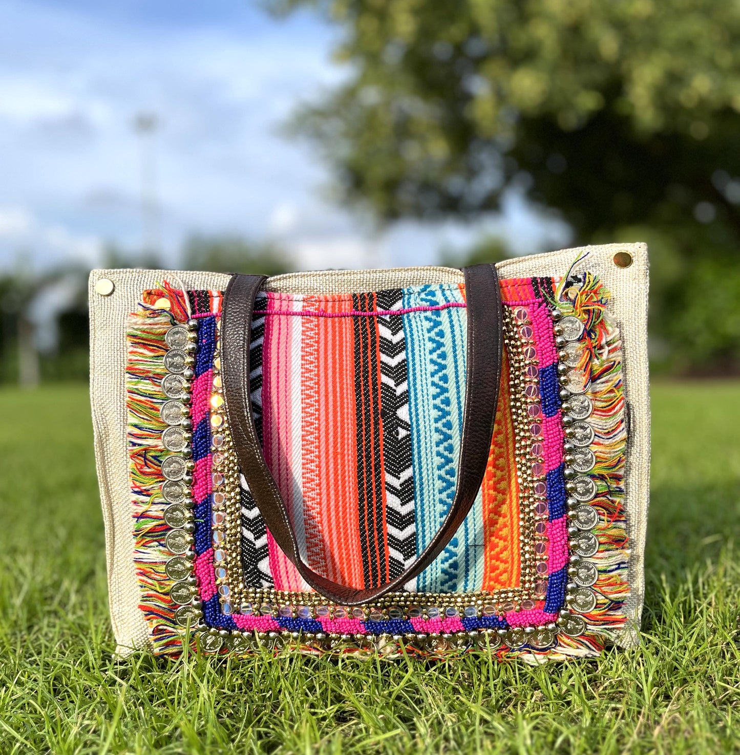 Hand-Crafted Jute Boho Tote Bag: Laptop Compartment, Adjustable Sling