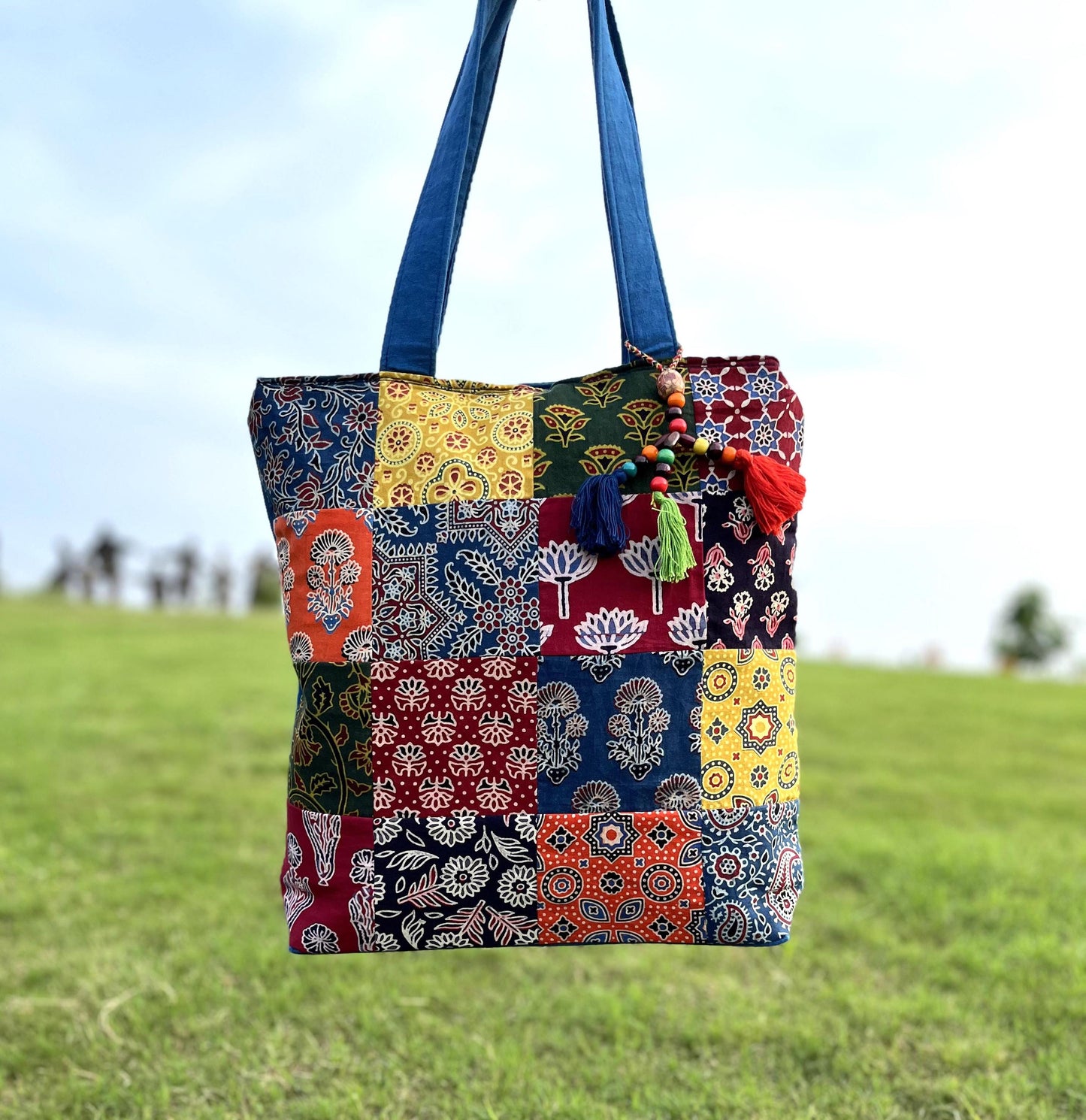 Handmade Ajrakh Print Tote Bag: Cotton Patchwork Shoulder Bag