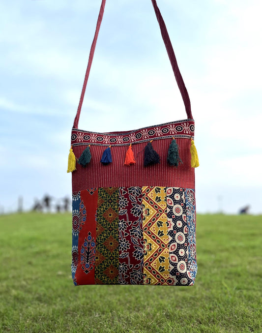 Handcrafted Ajrakh Patchwork Tote Bag: Single Partition Cotton Fabric