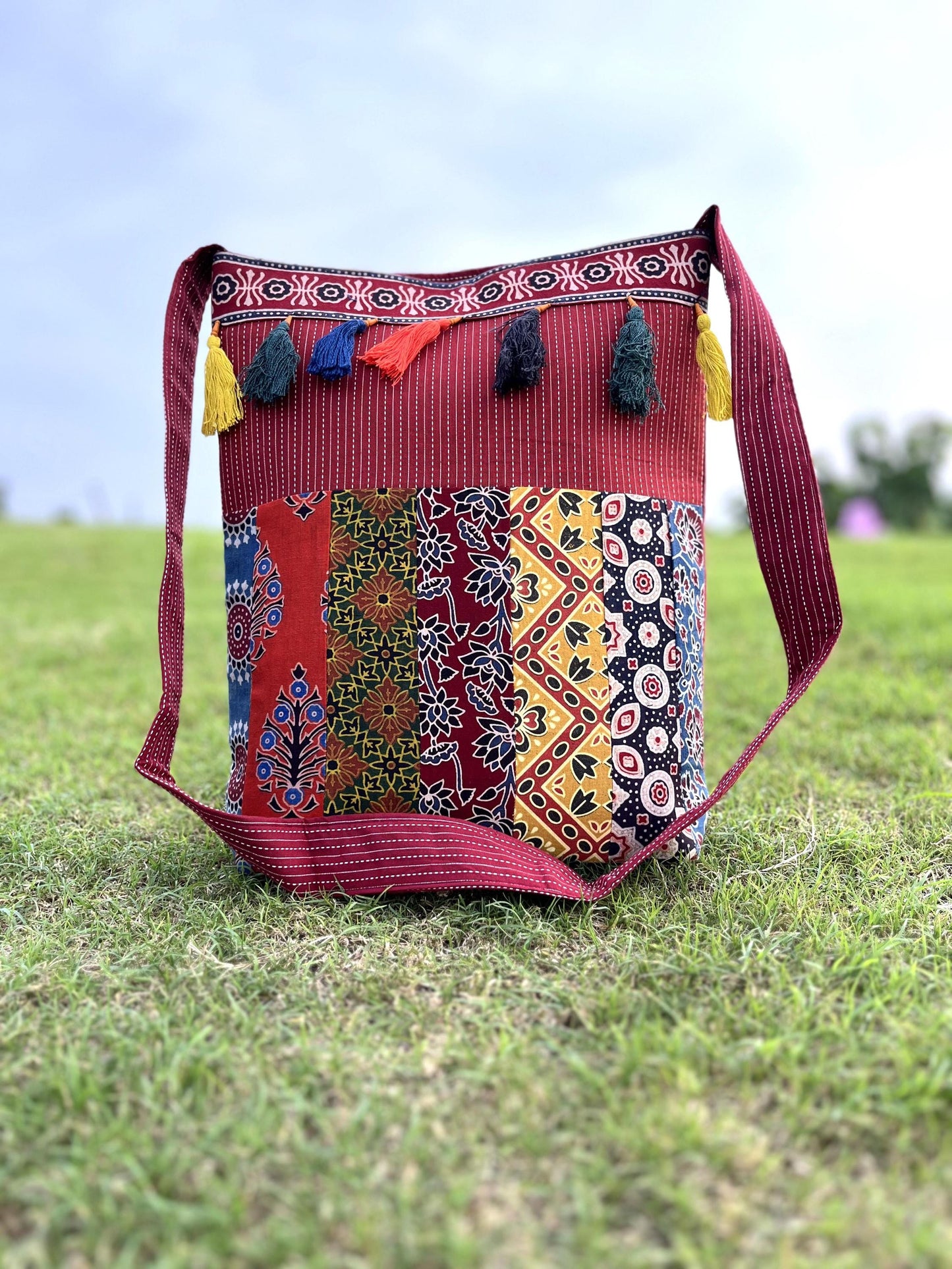 Handcrafted Ajrakh Patchwork Tote Bag: Single Partition Cotton Fabric