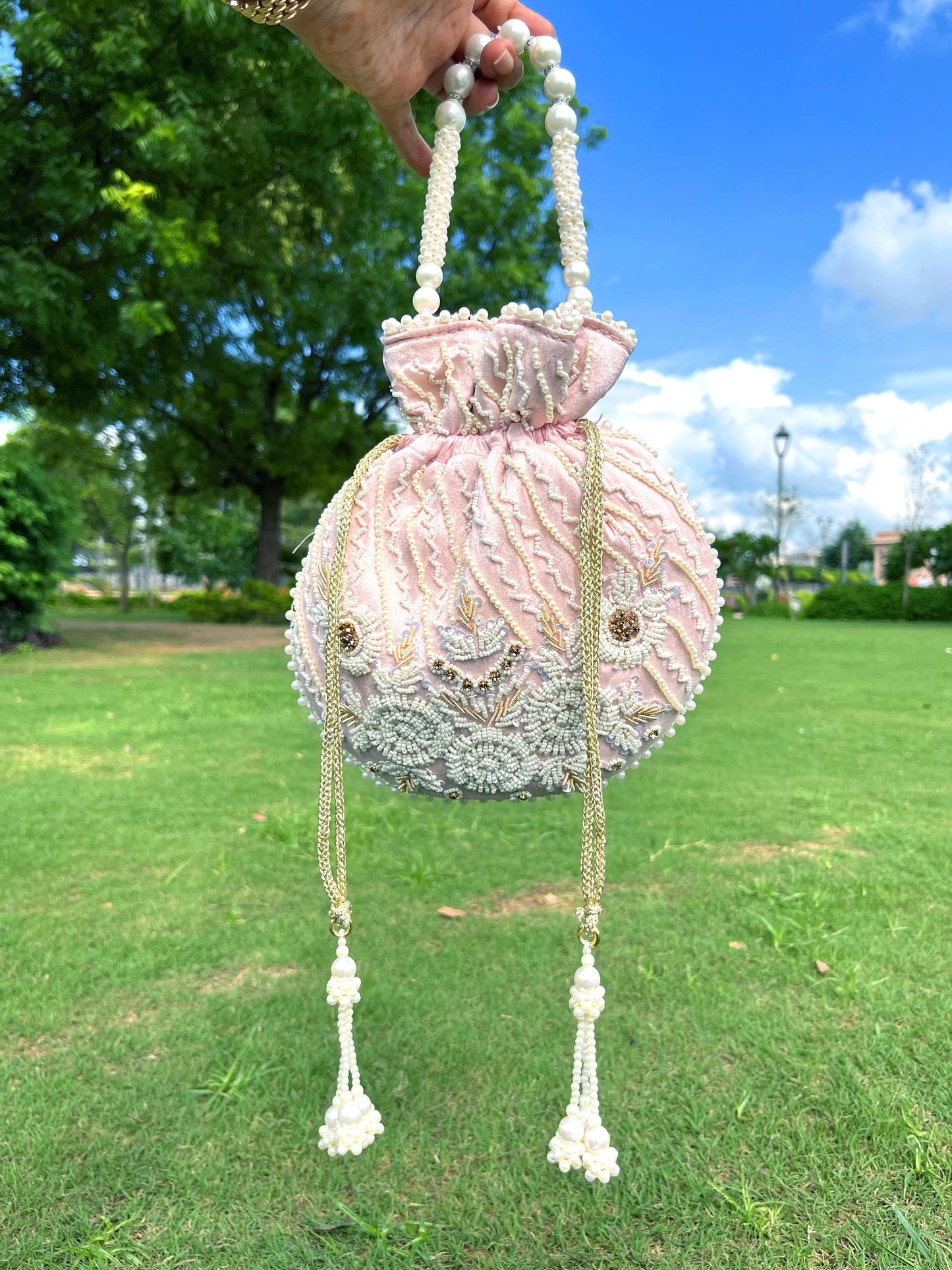 Blush Pink Bridal Potli Bag: Zardosi White Embroidered Pearl Handbag | Halloween Bag