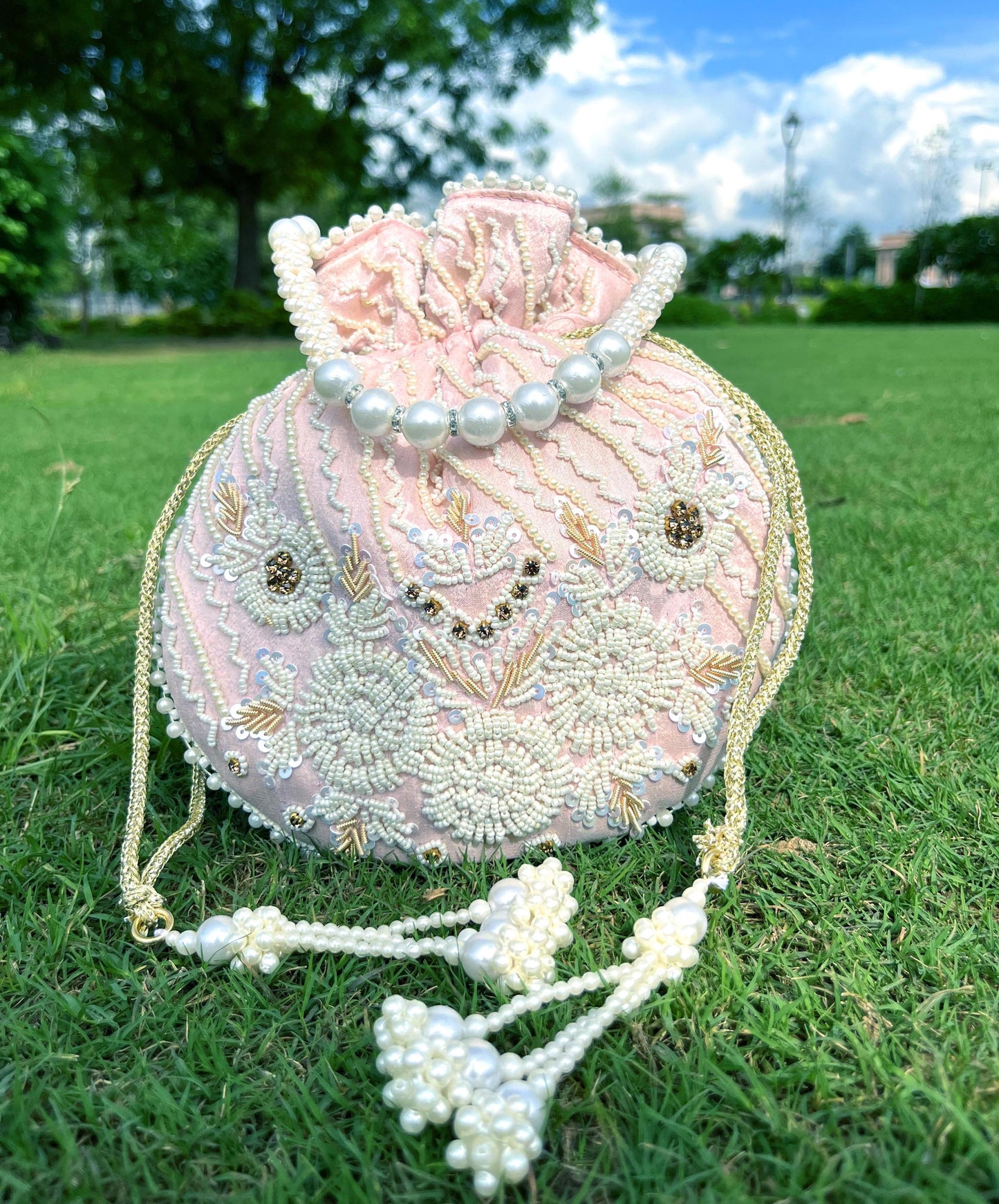 Blush Pink Bridal Potli Bag: Zardosi White Embroidered Pearl Handbag | Halloween Bag