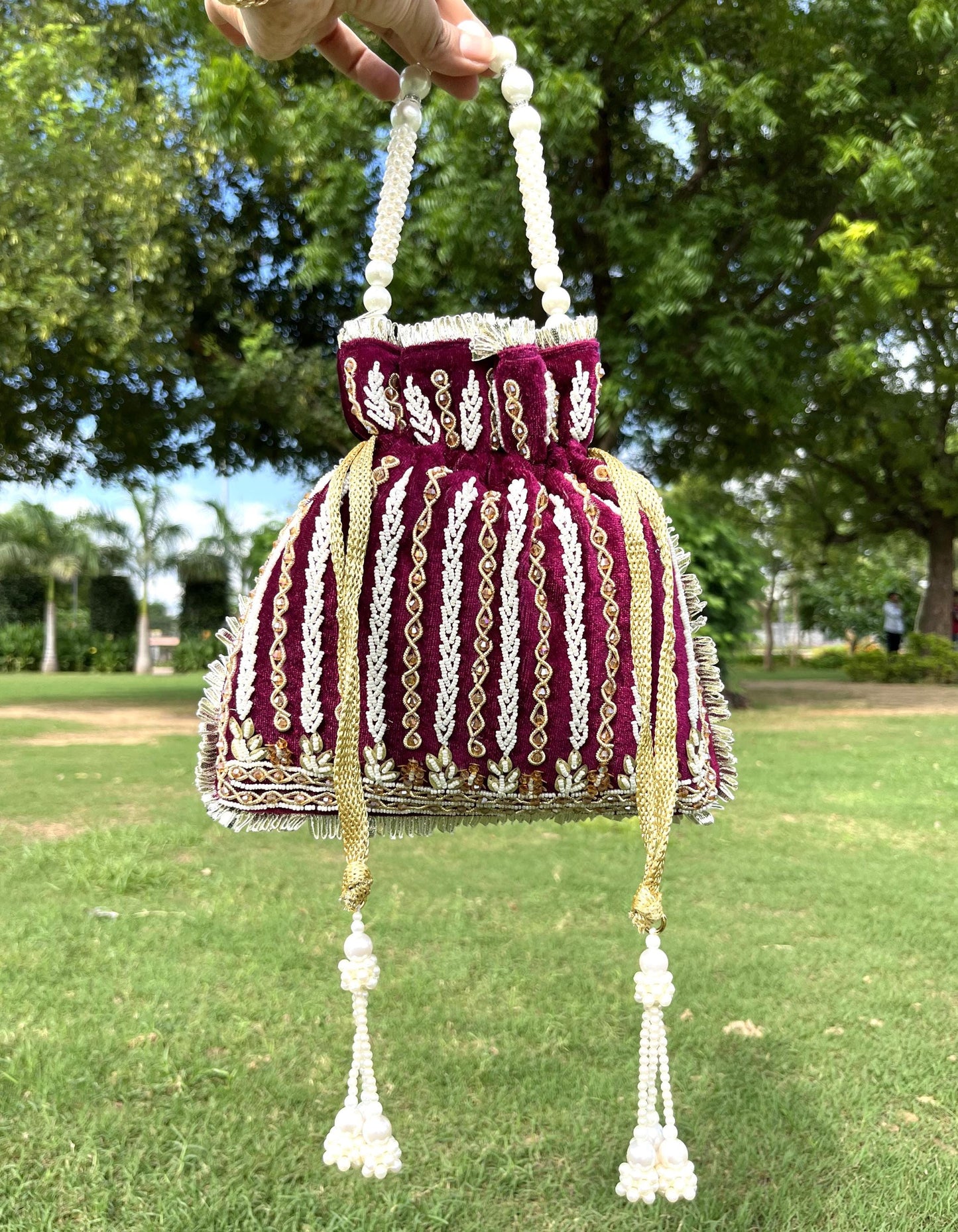 Wine Velvet Beaded Potli Bag: Handcrafted Indian Wedding Favor