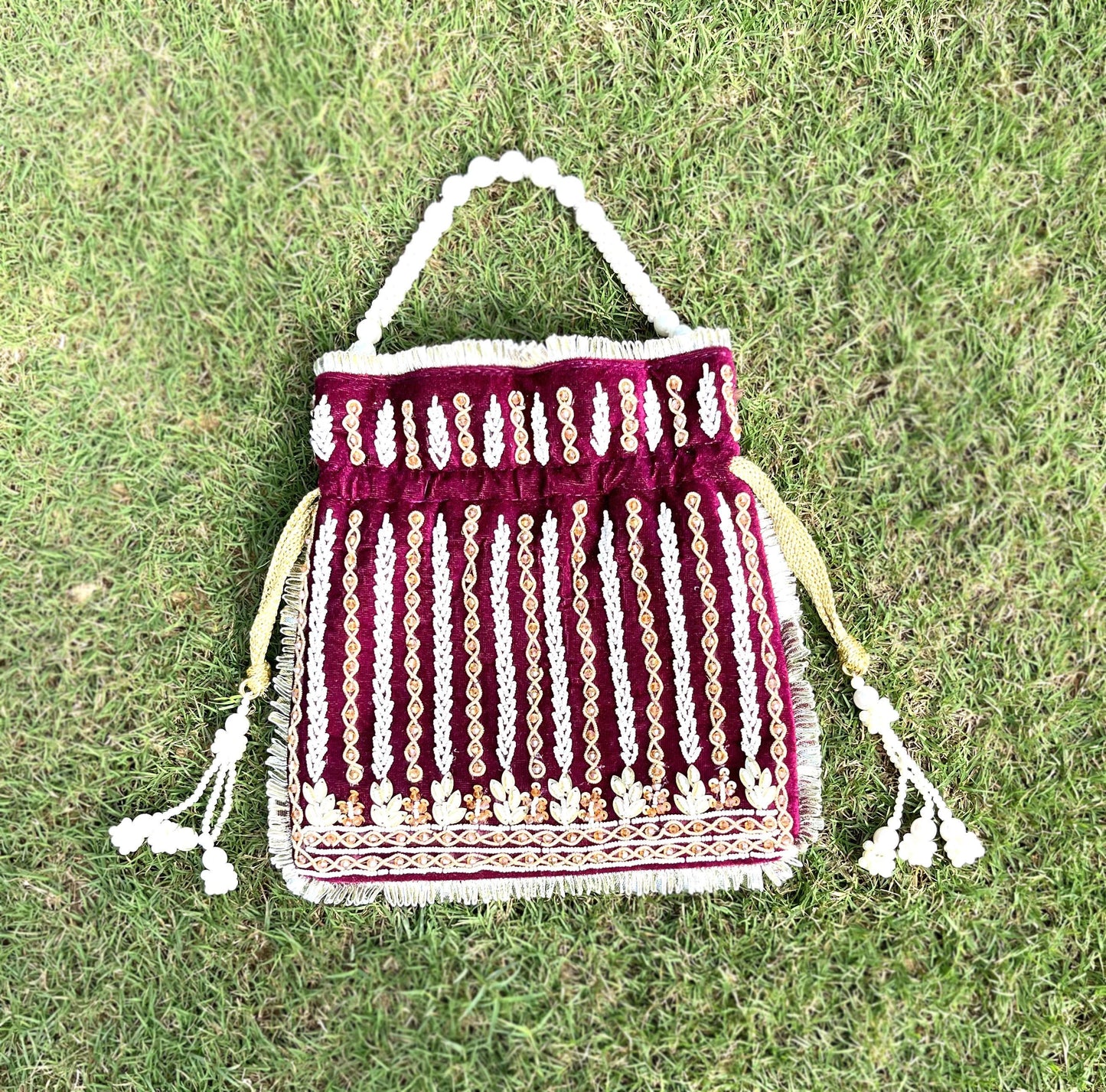 Wine Velvet Beaded Potli Bag: Handcrafted Indian Wedding Favor