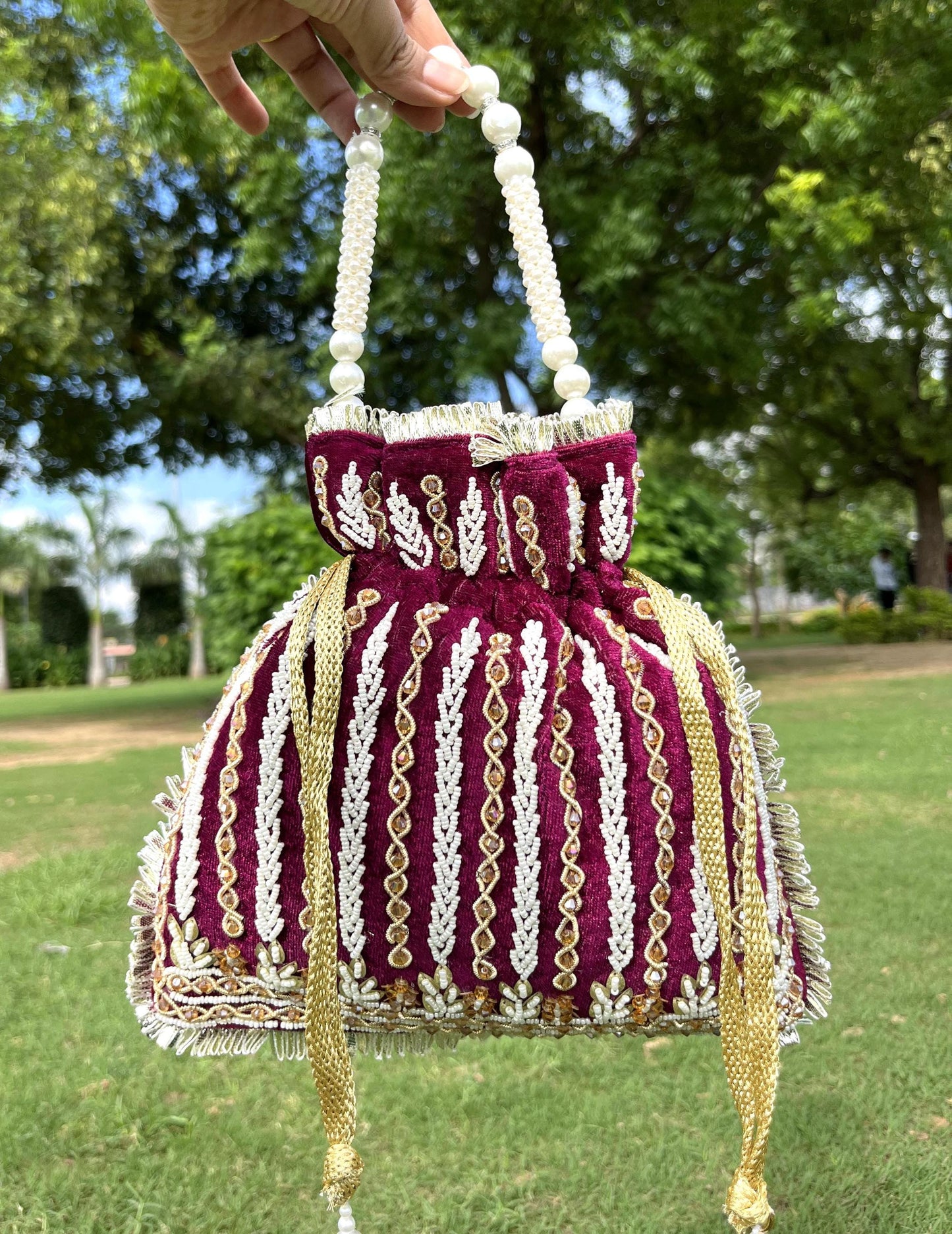 Wine Velvet Beaded Potli Bag: Handcrafted Indian Wedding Favor