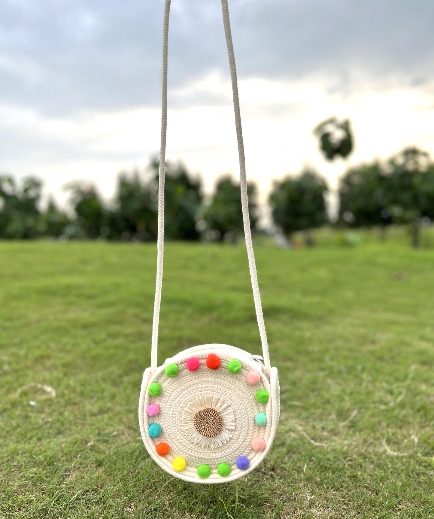 Handmade Jute Round Sling Bag: White PomPom Crossbody Purse