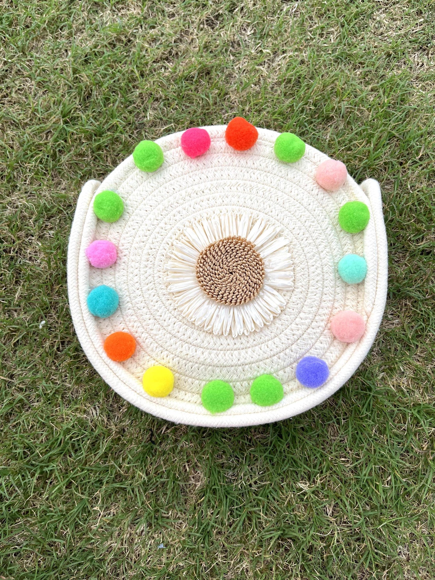 Handmade Jute Round Sling Bag: White PomPom Crossbody Purse