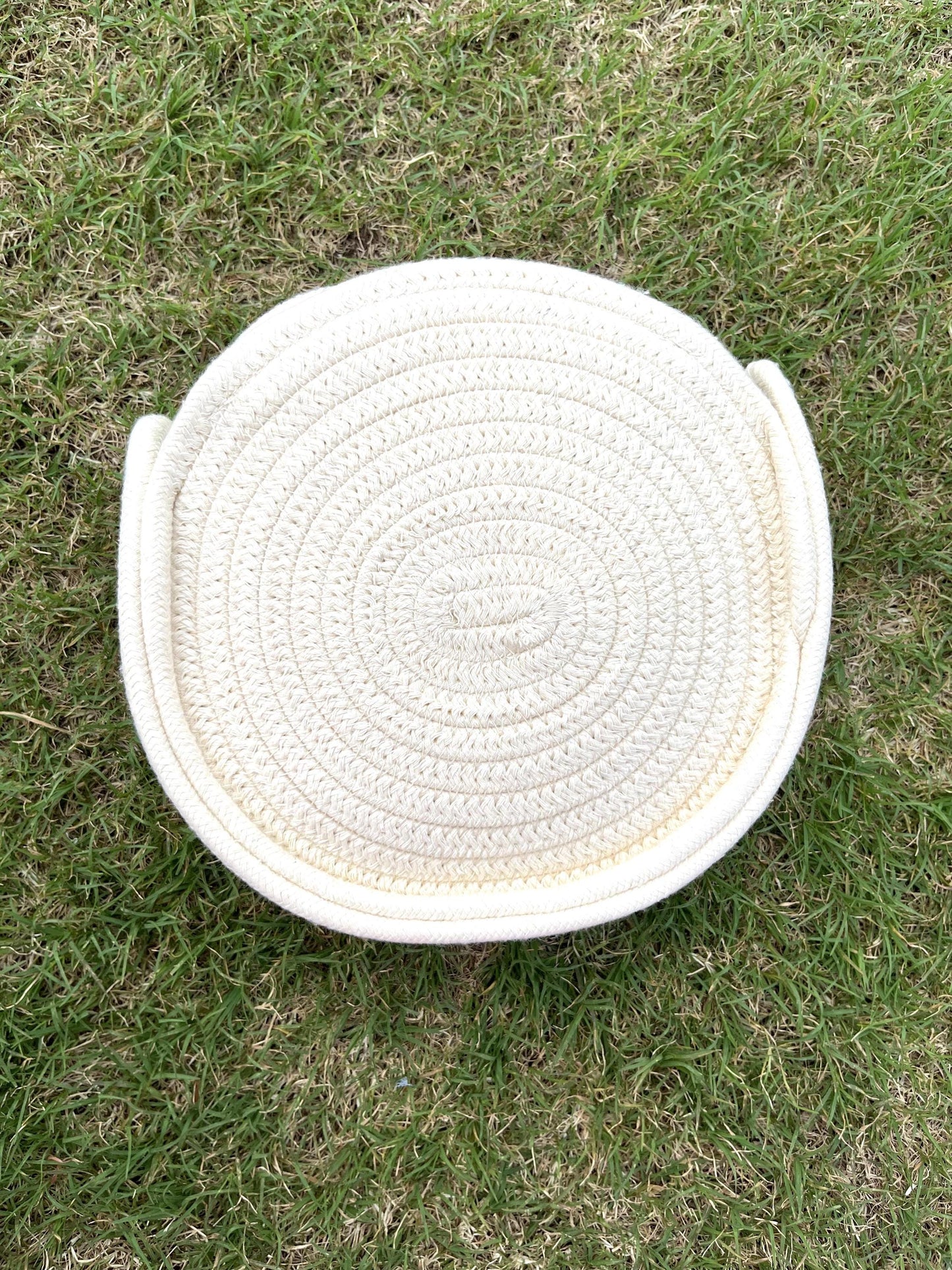 Handmade Jute Round Sling Bag: White PomPom Crossbody Purse