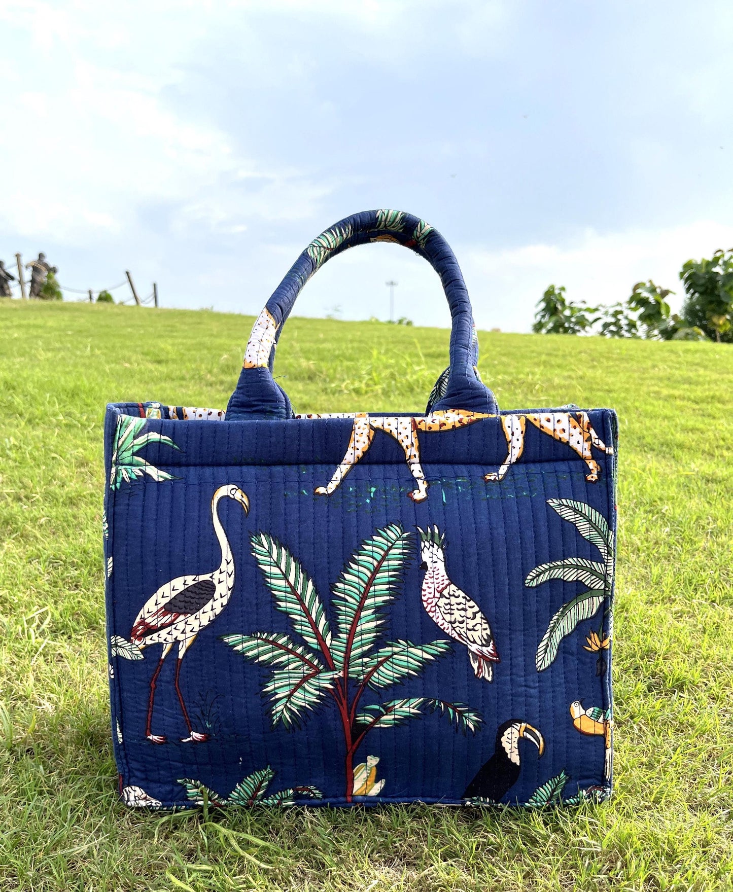 Hand-Crafted Quilted Laptop Tote Bag with Printed Design & Clutch