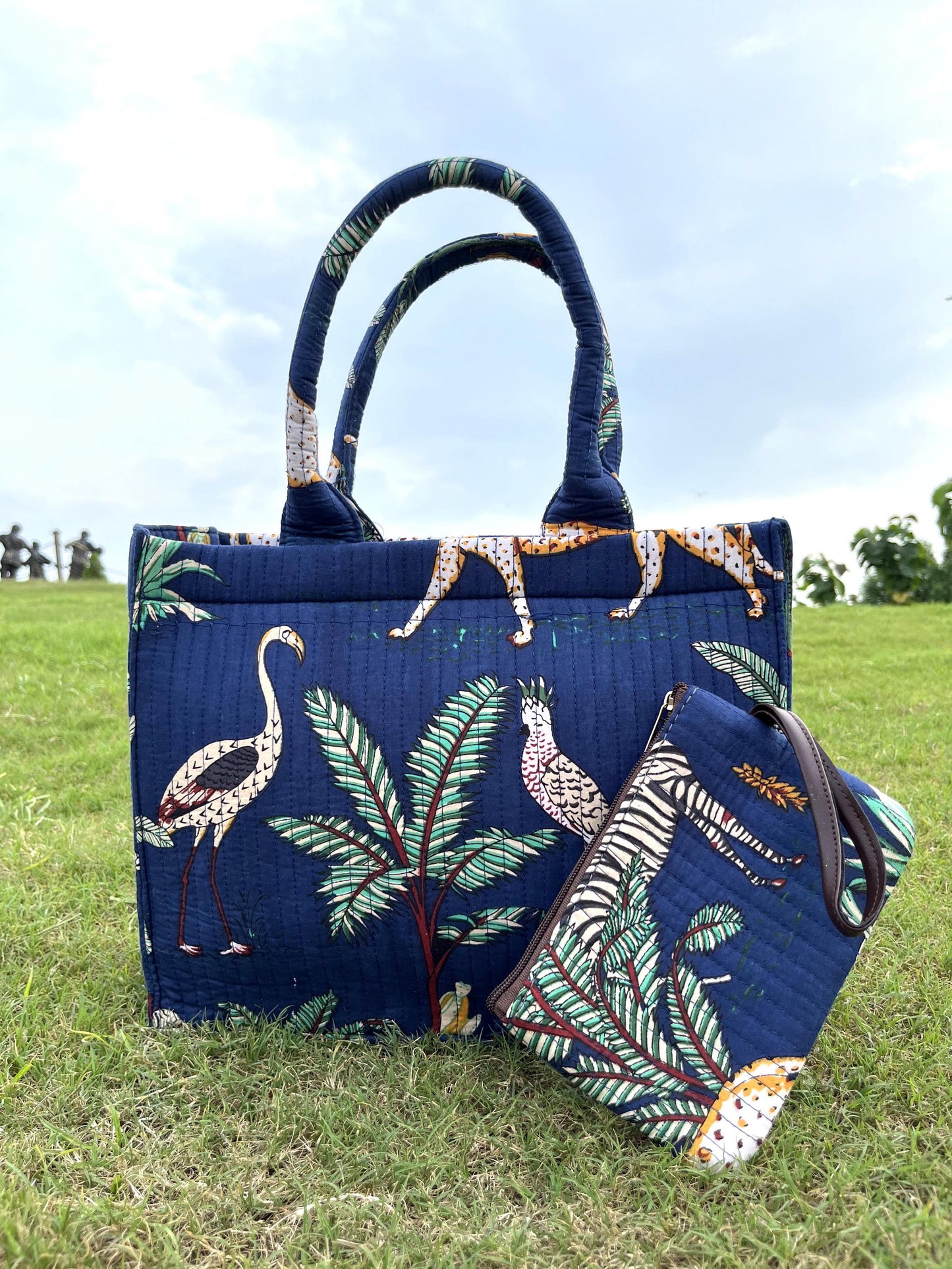 Hand-Crafted Quilted Laptop Tote Bag with Printed Design & Clutch