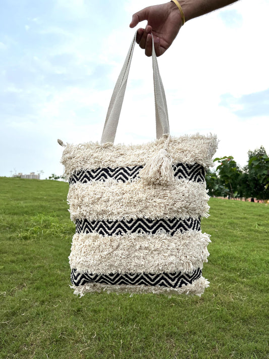 Handcrafted Bohemian Shaggy Tote Bag: Eco-Friendly Cotton Canvas