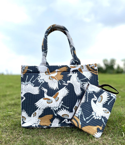 Quilted Laptop Tote Bag with Crane Print & Clutch Purse