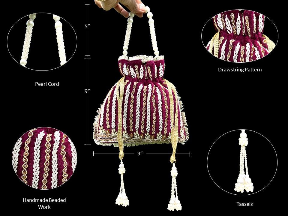Wine Velvet Beaded Potli Bag: Handcrafted Indian Wedding Favor