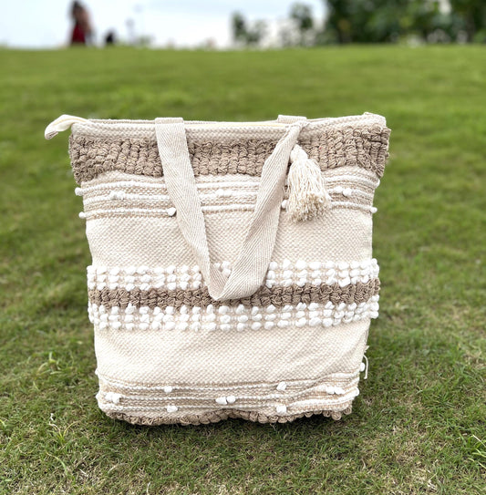 Handcrafted Bohemian Shaggy Tote Bag: Eco-Friendly Cotton Canvas Shoulder Bag