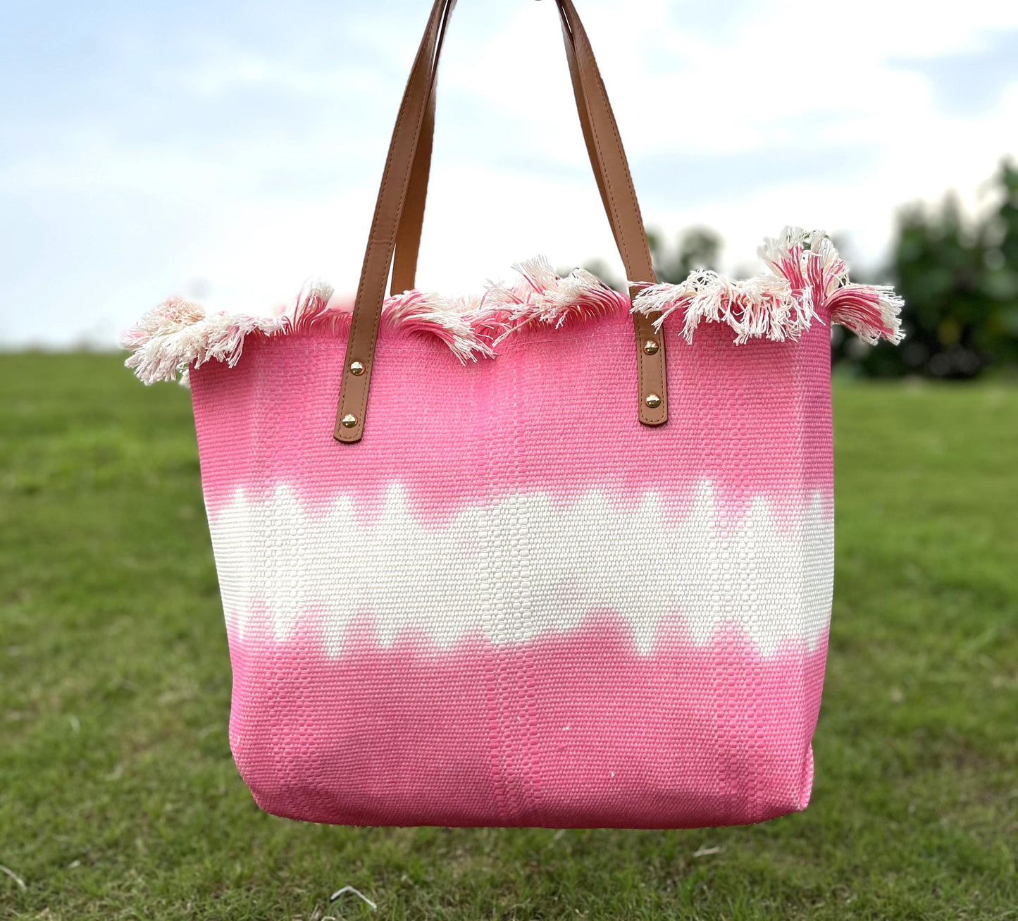 Handcrafted Canvas Tote Bag: Pink Ombre Summer Vibes with Fringe