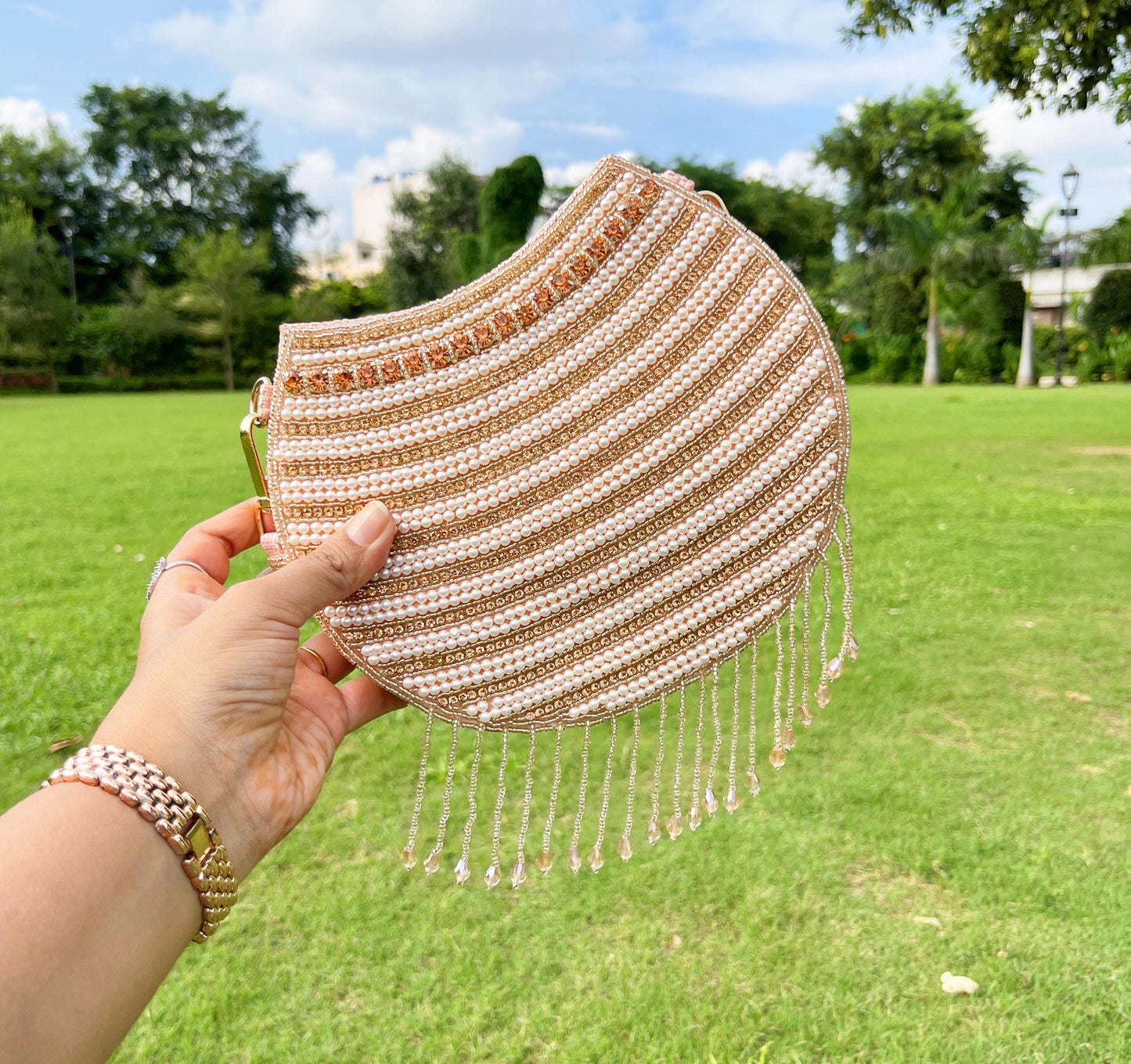 Pink Pearl Beaded Wedding Clutch: Handmade Evening Bag with Sling Chain