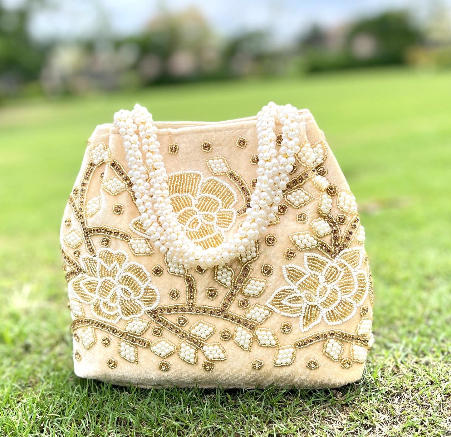 Hand Embroidered Beige Velvet Potli Bag: Wedding Clutch