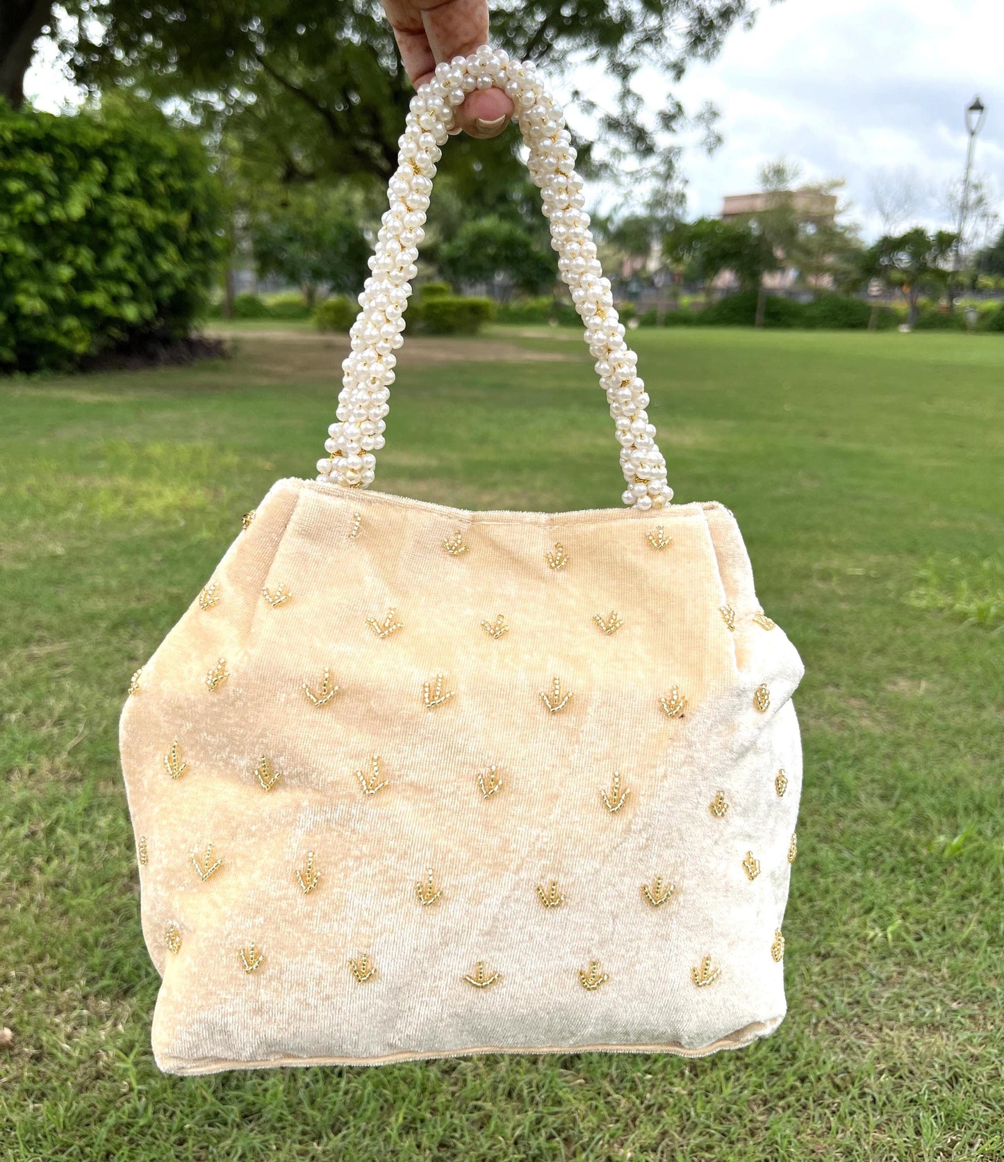 Hand Embroidered Beige Velvet Potli Bag: Wedding Clutch