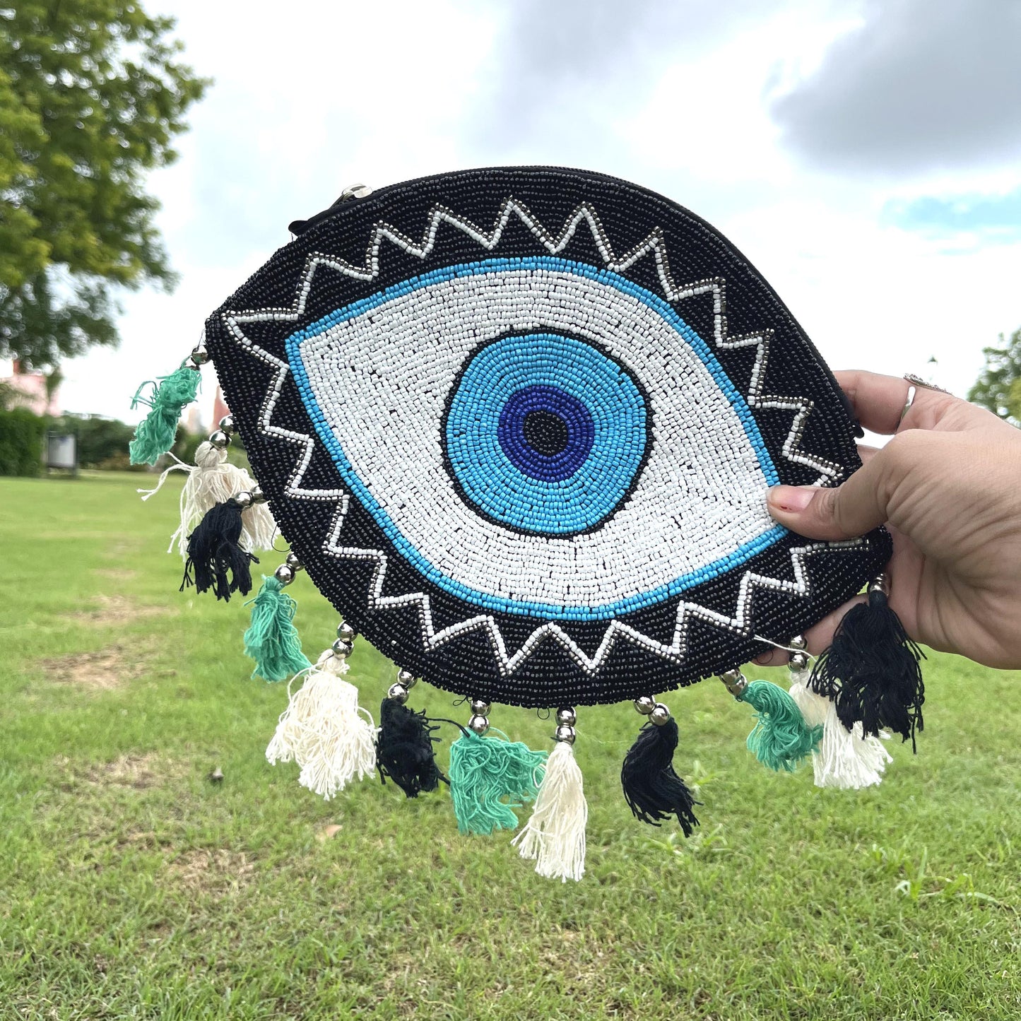 Handcrafted Beaded Evil Eye Bag: Boho Clutch with Colorful Tassels