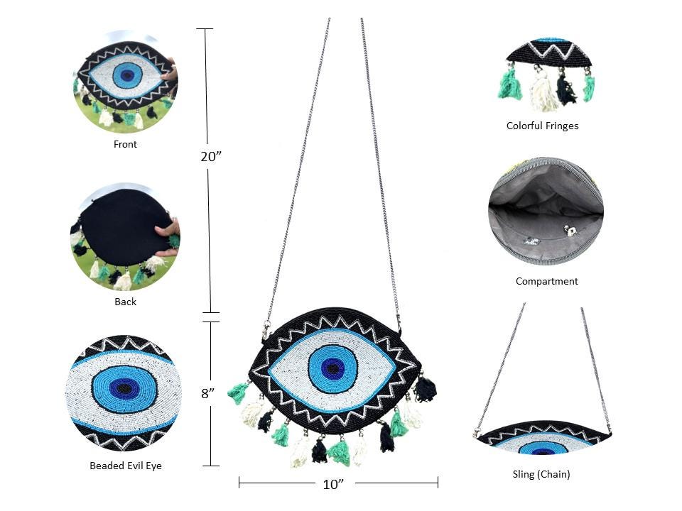 Handcrafted Beaded Evil Eye Bag: Boho Clutch with Colorful Tassels