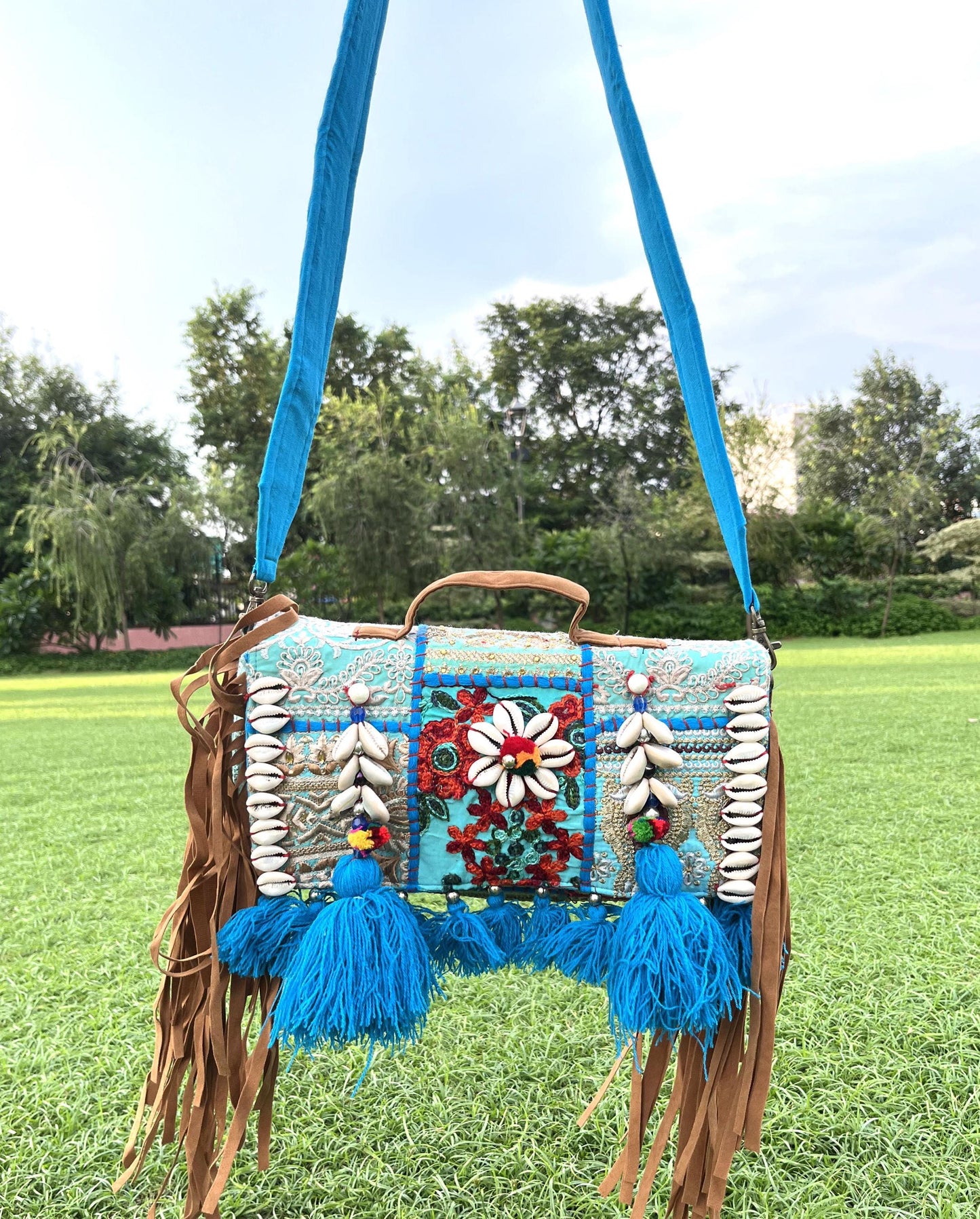Blue Handcrafted Banjara Hobo Bag: Embroidered Hippie Sling with Shells | Halloween Bag | Embroidered Clutch