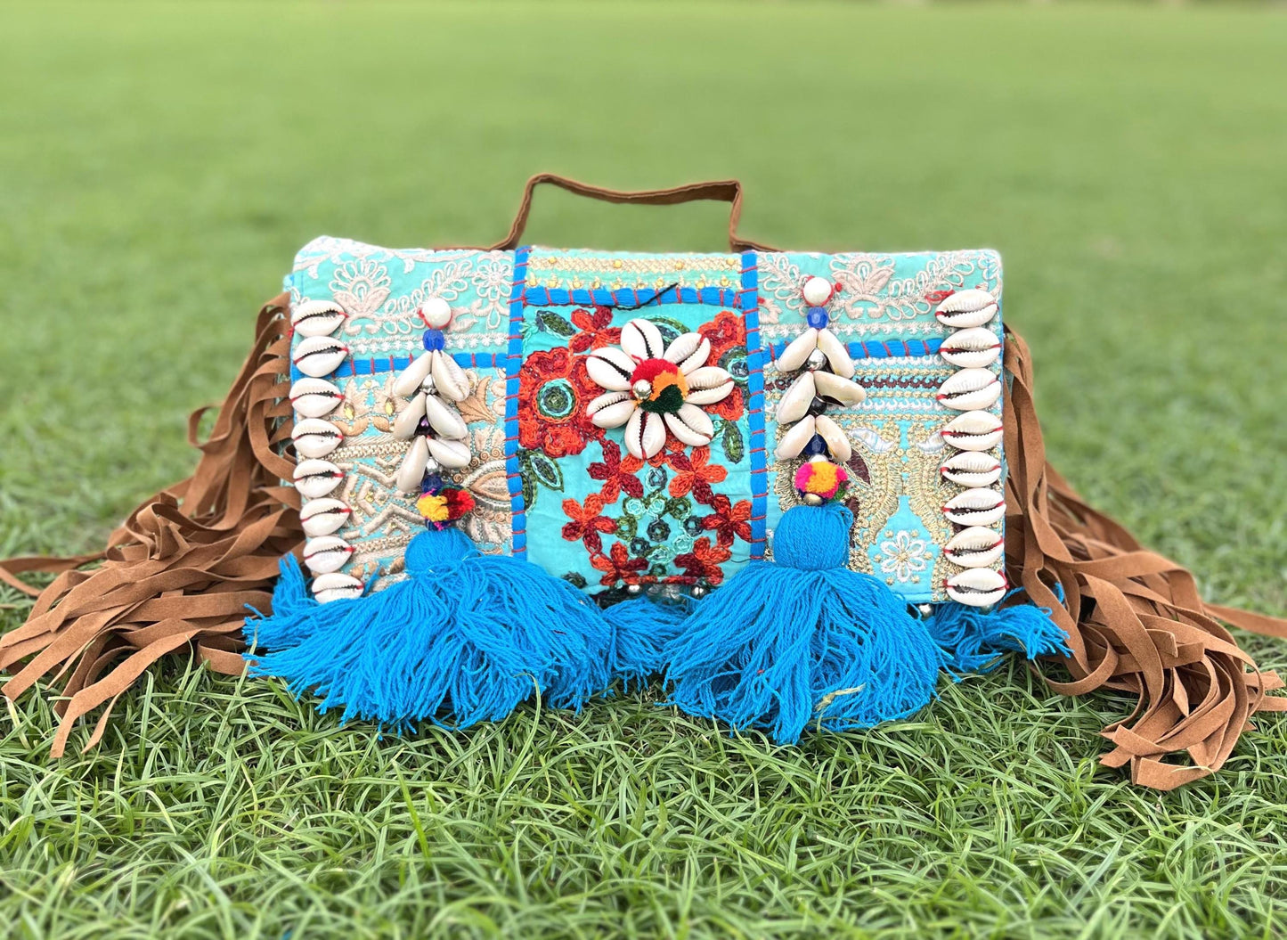 Blue Handcrafted Banjara Hobo Bag: Embroidered Hippie Sling with Shells | Halloween Bag | Embroidered Clutch