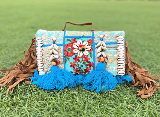 Blue Handcrafted Banjara Hobo Bag: Embroidered Hippie Sling with Shells | Halloween Bag | Embroidered Clutch