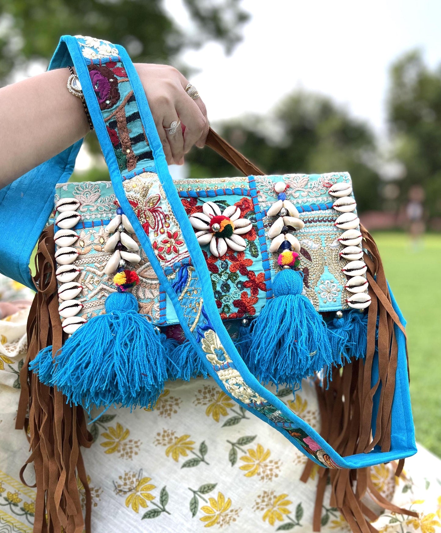 Blue Handcrafted Banjara Hobo Bag: Embroidered Hippie Sling with Shells | Halloween Bag | Embroidered Clutch