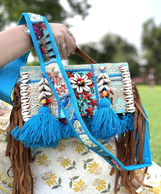 Blue Handcrafted Banjara Hobo Bag: Embroidered Hippie Sling with Shells | Halloween Bag | Embroidered Clutch