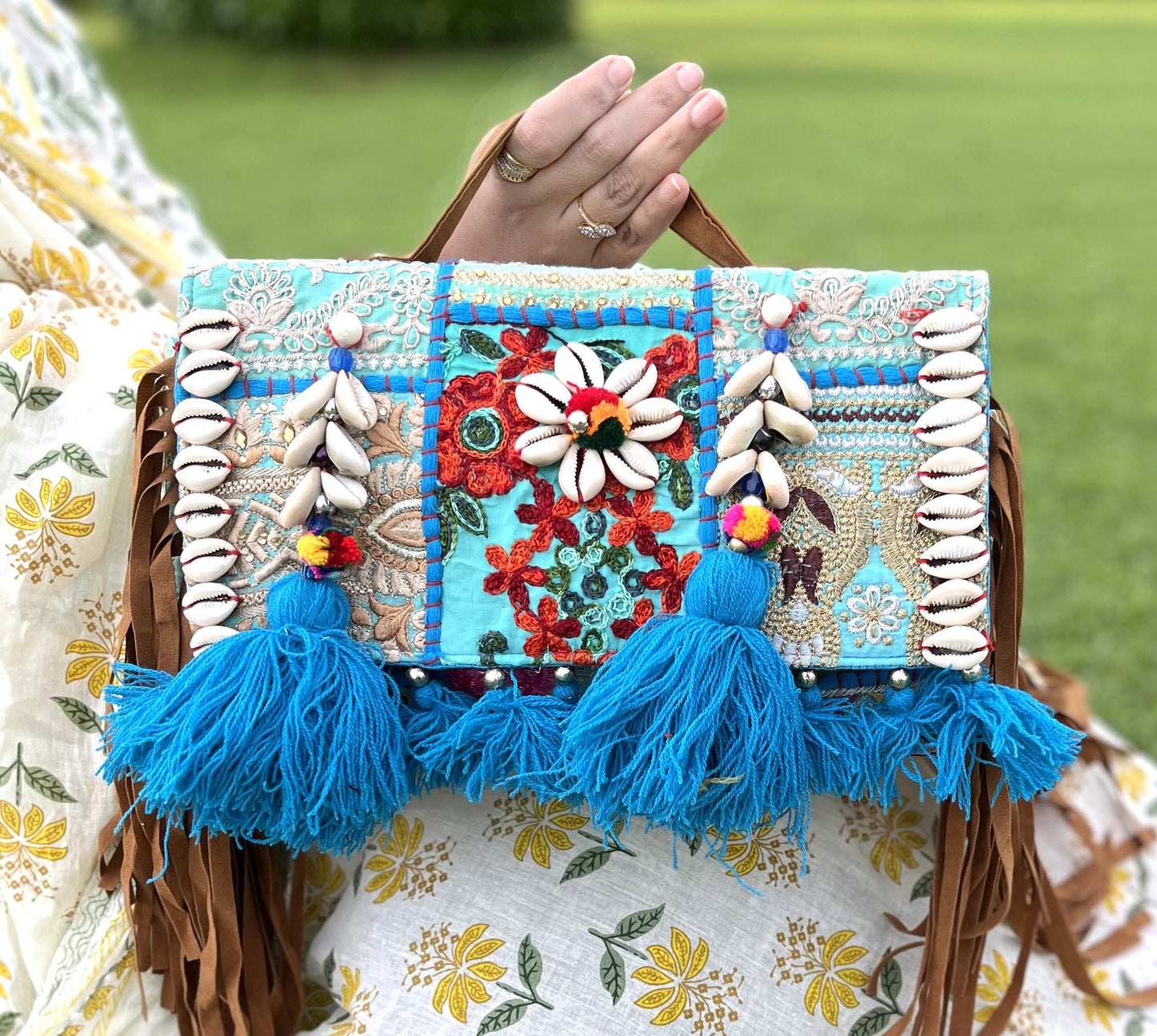 Blue Handcrafted Banjara Hobo Bag: Embroidered Hippie Sling with Shells | Halloween Bag | Embroidered Clutch