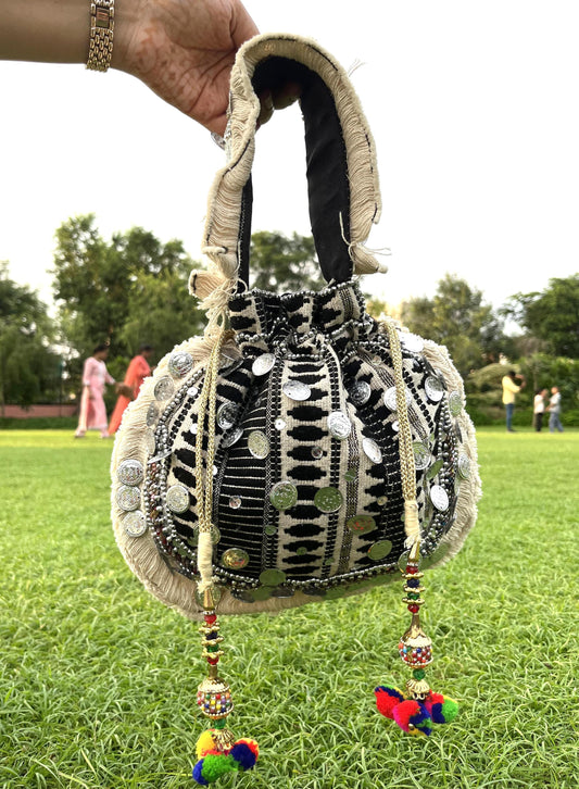 Banjara Potli Bag: Boho Coin Drawstring Bag with Tassels