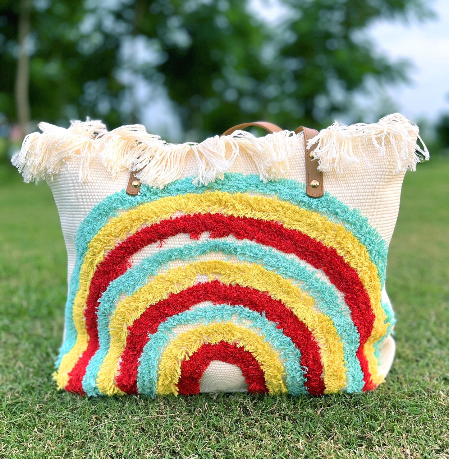 Handmade Rainbow Tote Bag: Fringed Canvas Beach Bag