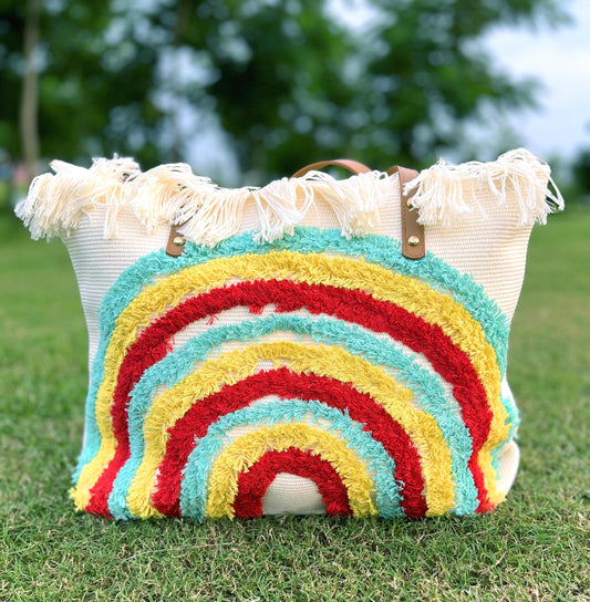 Handmade Rainbow Tote Bag: Fringed Canvas Beach Bag