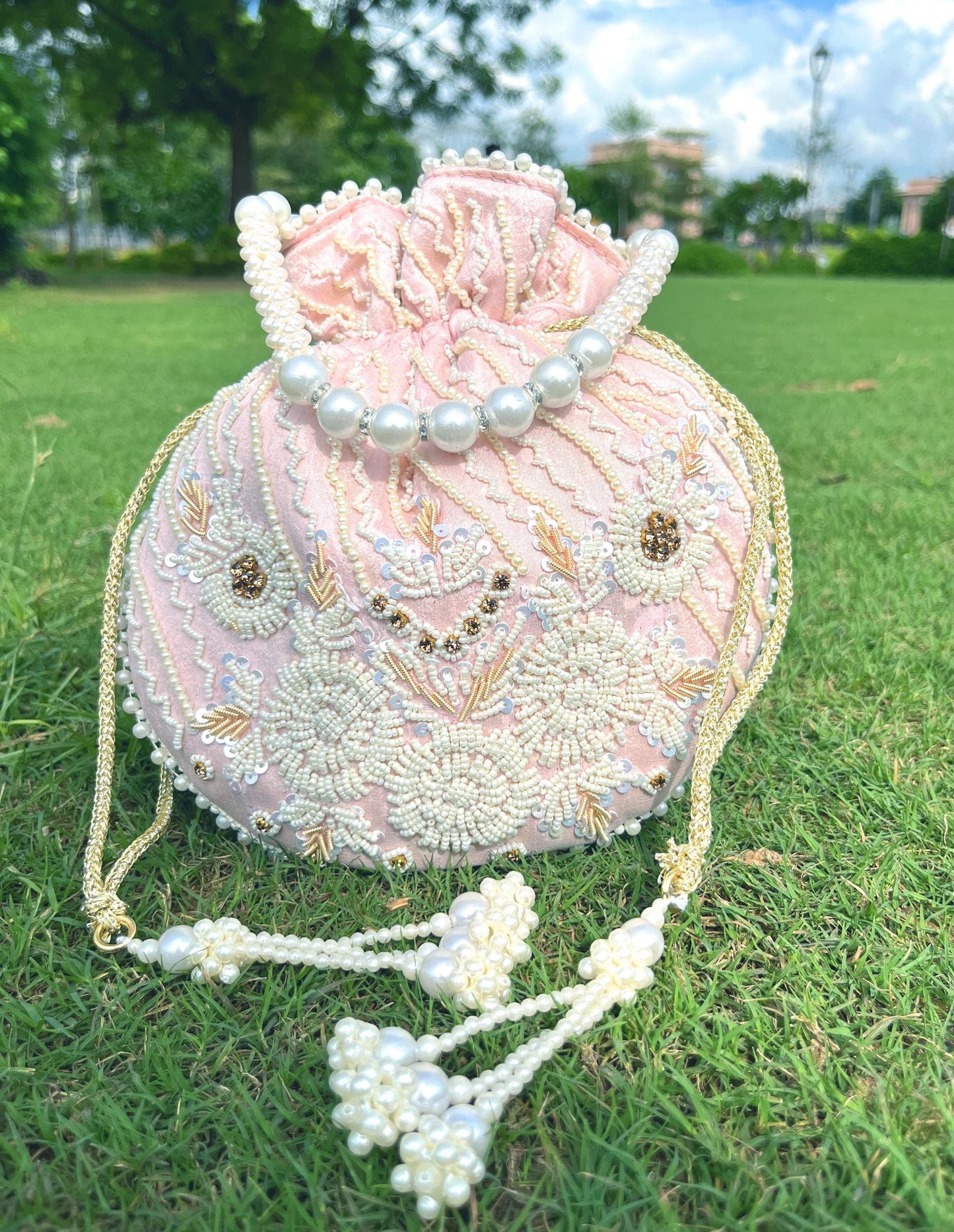 Blush Pink Bridal Potli Bag: Zardosi White Embroidered Pearl Handbag | Halloween Bag