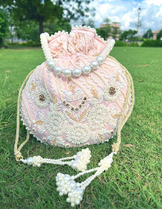 Blush Pink Bridal Potli Bag: Zardosi White Embroidered Pearl Handbag | Halloween Bag