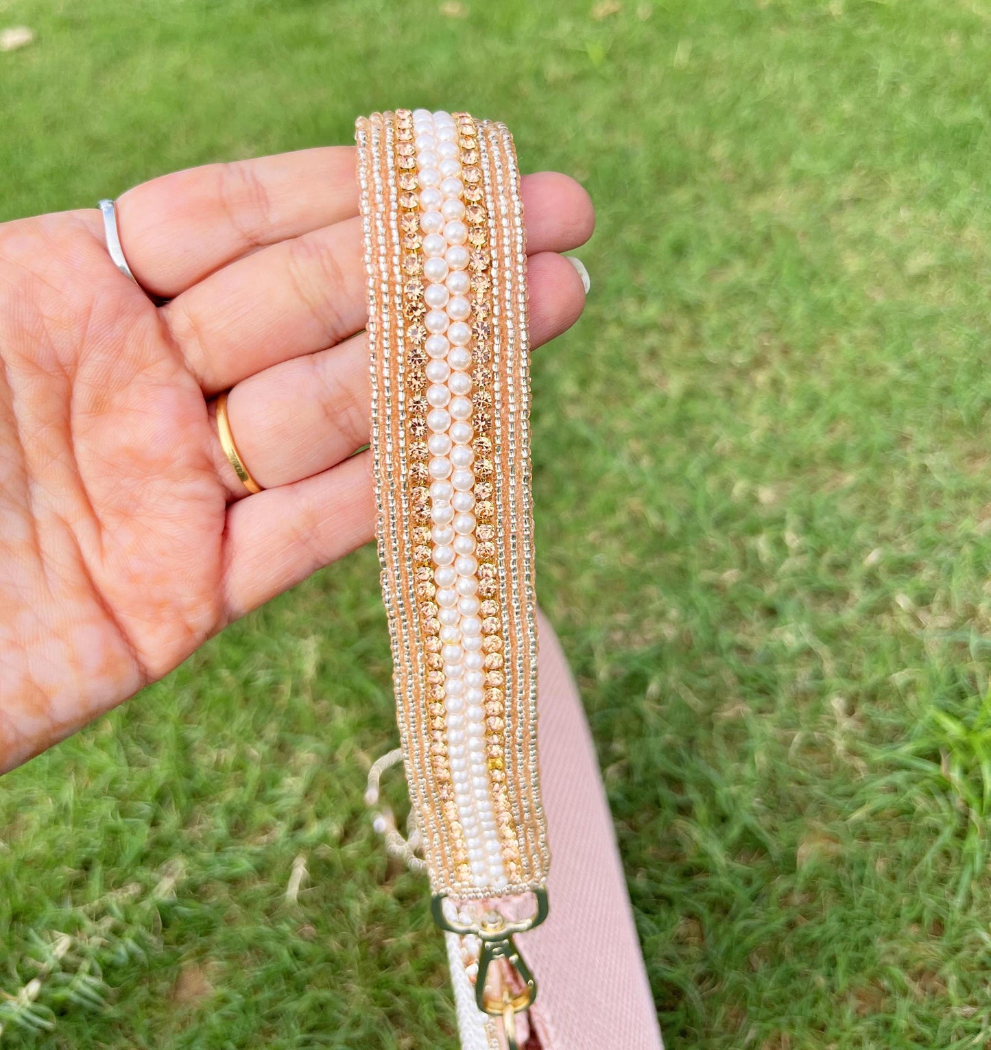 Pink Pearl Beaded Wedding Clutch: Handmade Evening Bag with Sling Chain