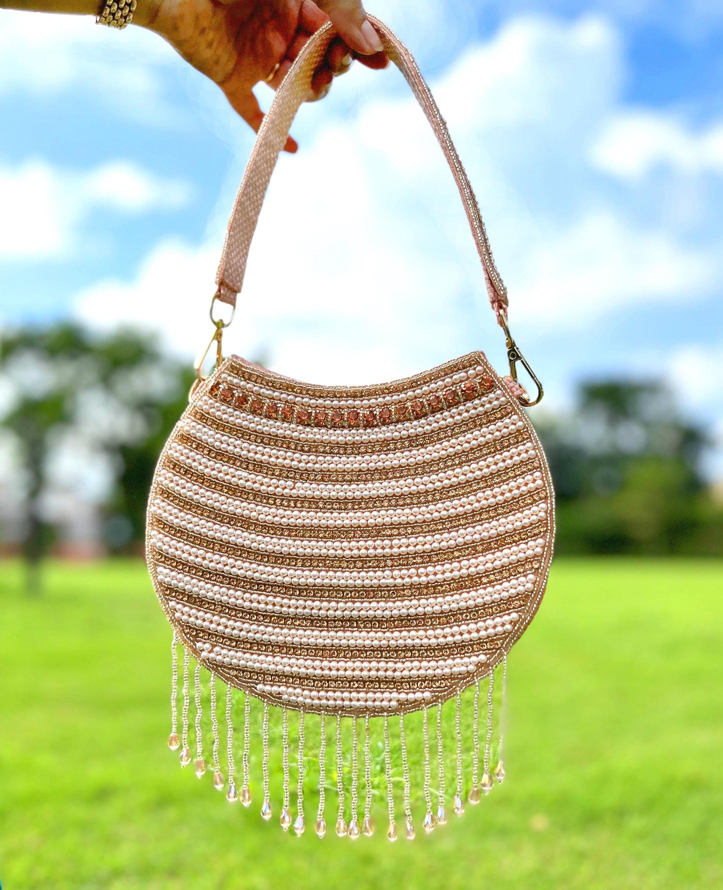 Pink Pearl Beaded Wedding Clutch: Handmade Evening Bag with Sling Chain