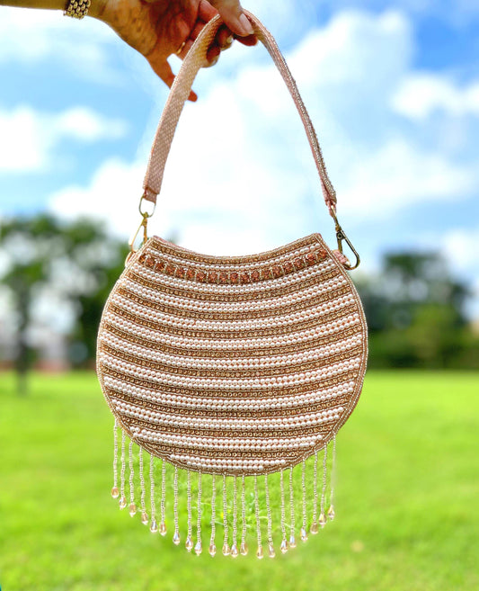 Pink Pearl Beaded Wedding Clutch: Handmade Evening Bag with Sling Chain