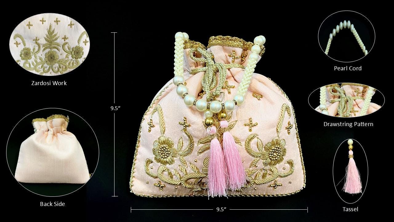 Blush Pink Handmade Potli Bag with Pearl Handle | Embroidered Bridal Clutch Purse | Wedding & Party Drawstring Handbag | Bridesmaid Gift Bag